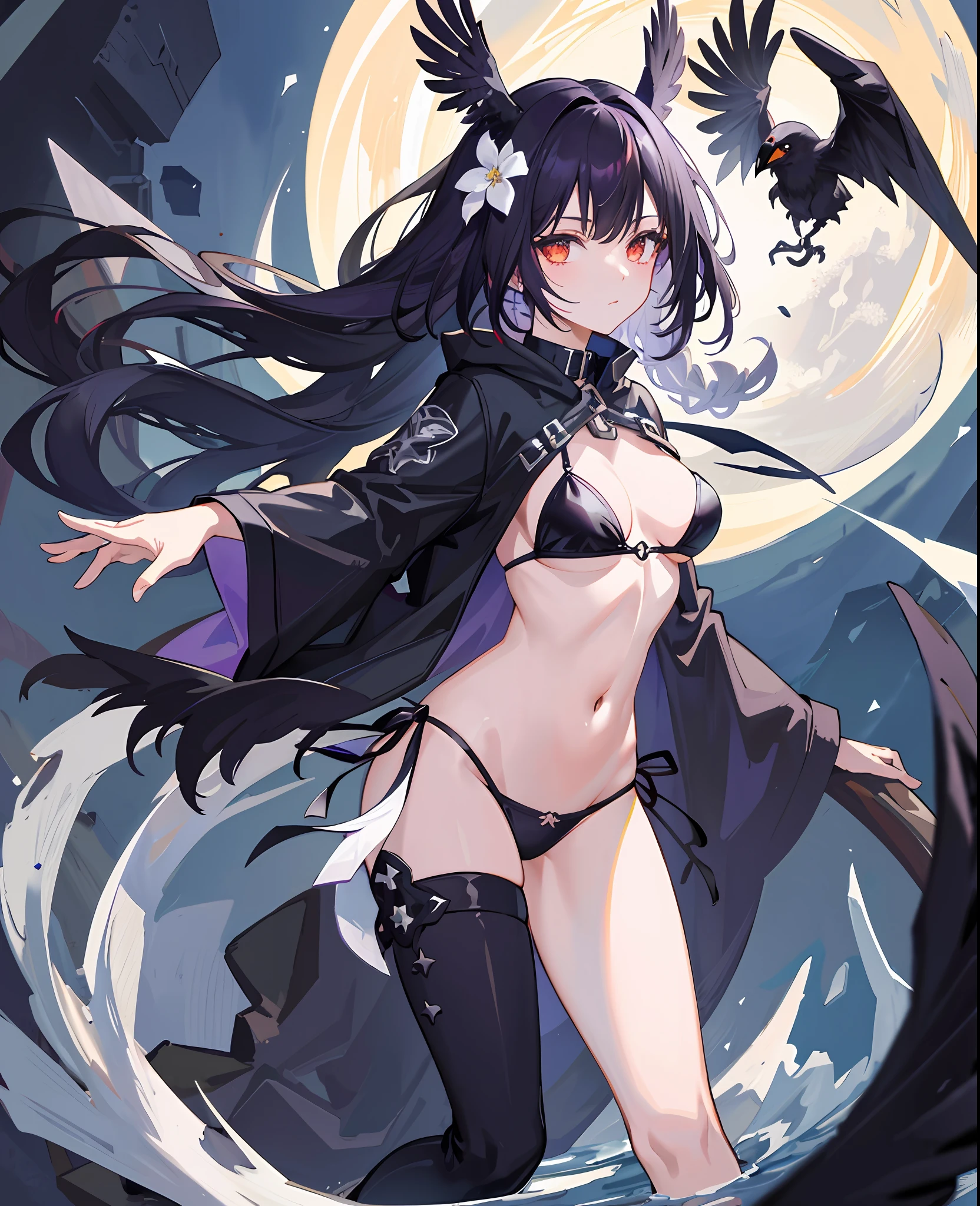 (Masterpiece), (Best Quality), Omnipotent, Full Moon, (Blackleg Decoration), 1girl, (Raven), White Chain, Ruins, 1gir, flower, flowd_flood, floud_moon, (crow), chain, ruins, 1gir, in flower, black_bikini, 1 girl in lace, navel,