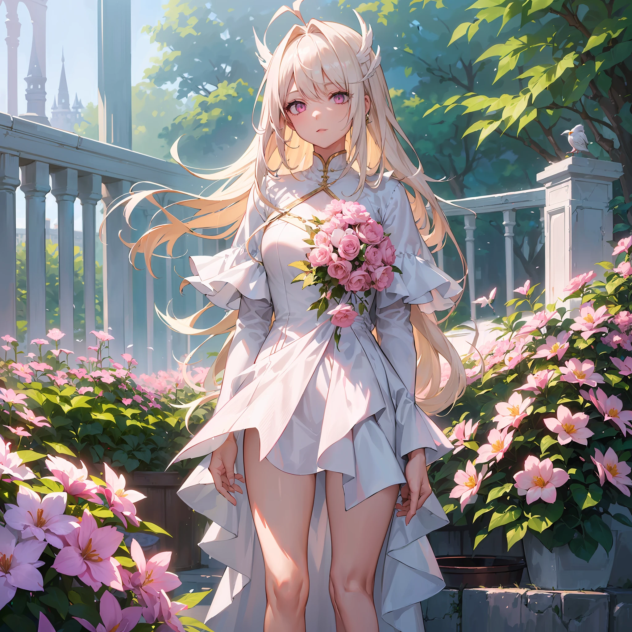 (a woman:1.1),(long hair:detailed hair),(spiky hair),(short bangs:detailed hair),(platinum hair:1.3+blonde),(pink eyes:1.2+detailed eyes),(angel:1.2+slim body),(white clothes:1.1),(garden),(pink flowers:1.1),(white birds:1.1)