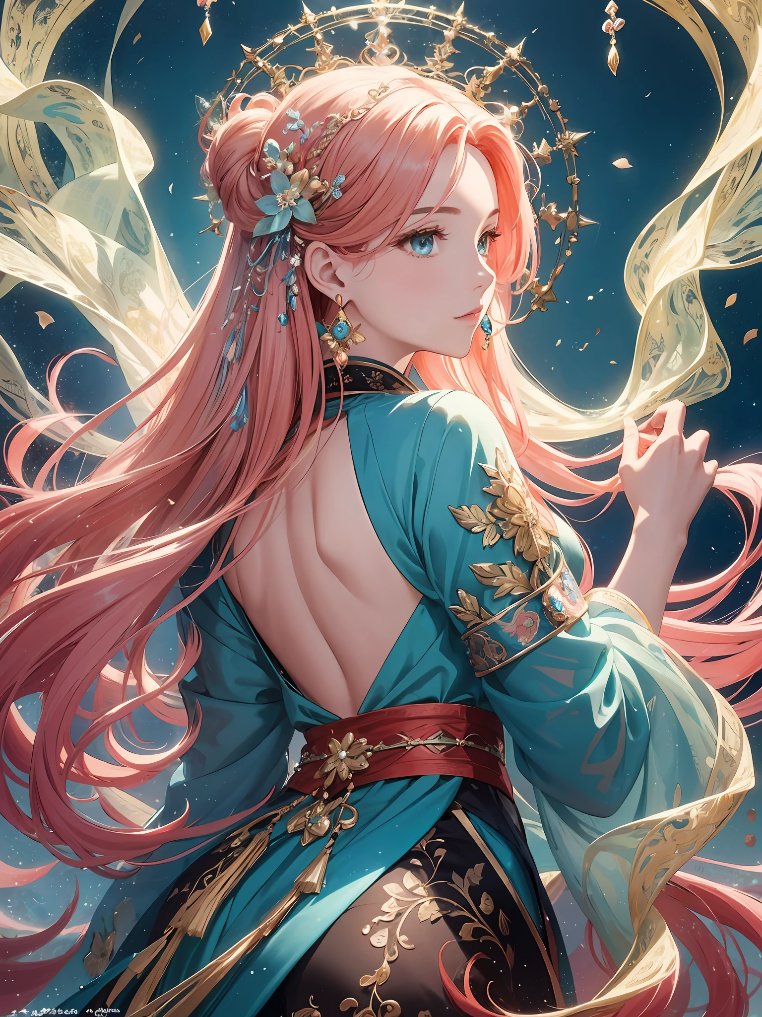 Embark on a journey of enchantment as you behold a digital painting masterpiece featuring a captivating girl adorned in a graceful hanfu, set against a mesmerizing fantasy backdrop. Marvel at the flowing locks of vibrant red hair cascading down her back, complemented by strands of lustrous blonde. Her piercing aqua eyes captivate with their depth and mystery. Delicate earrings and exquisite jewelry adorn her, reflecting her allure. A beautifully crafted hair ornament adds an extra touch of elegance. Capture the scene from behind to evoke a sense of curiosity or from above to showcase the full splendor of the composition. This anatomically correct artwork is meticulously crafted with super detail, allowing viewers to appreciate every nuance of this enchanting portrayal.