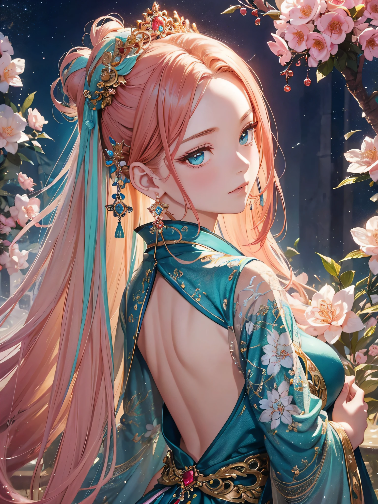 Embark on a journey of enchantment as you behold a digital painting masterpiece featuring a captivating girl adorned in a graceful hanfu, set against a mesmerizing fantasy backdrop. Marvel at the flowing locks of vibrant red hair cascading down her back, complemented by strands of lustrous blonde. Her piercing aqua eyes captivate with their depth and mystery. Delicate earrings and exquisite jewelry adorn her, reflecting her allure. A beautifully crafted hair ornament adds an extra touch of elegance. Capture the scene from behind to evoke a sense of curiosity or from above to showcase the full splendor of the composition. This anatomically correct artwork is meticulously crafted with super detail, allowing viewers to appreciate every nuance of this enchanting portrayal.