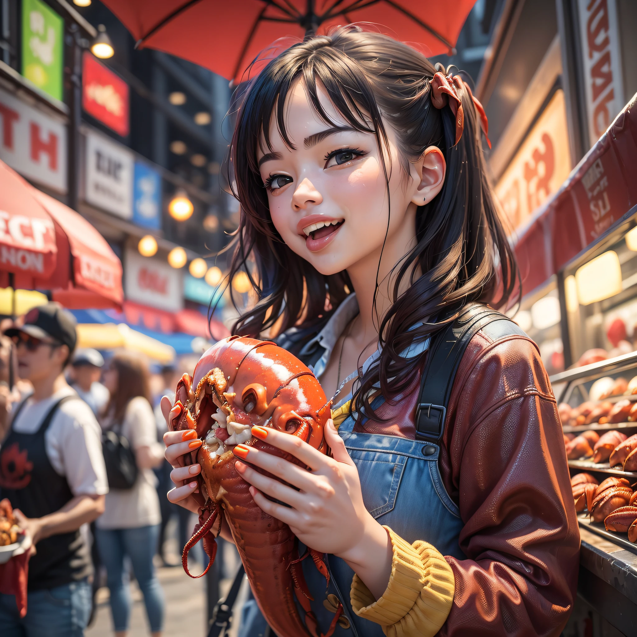 ((1girl), eating delicious-looking crawfish, enjoying cold beer with friends, lively street scene, vibrant and colorful atmosphere, dynamic camera angles, high saturation, perfect lighting, capturing the fun and joy of the moment) --auto --s2