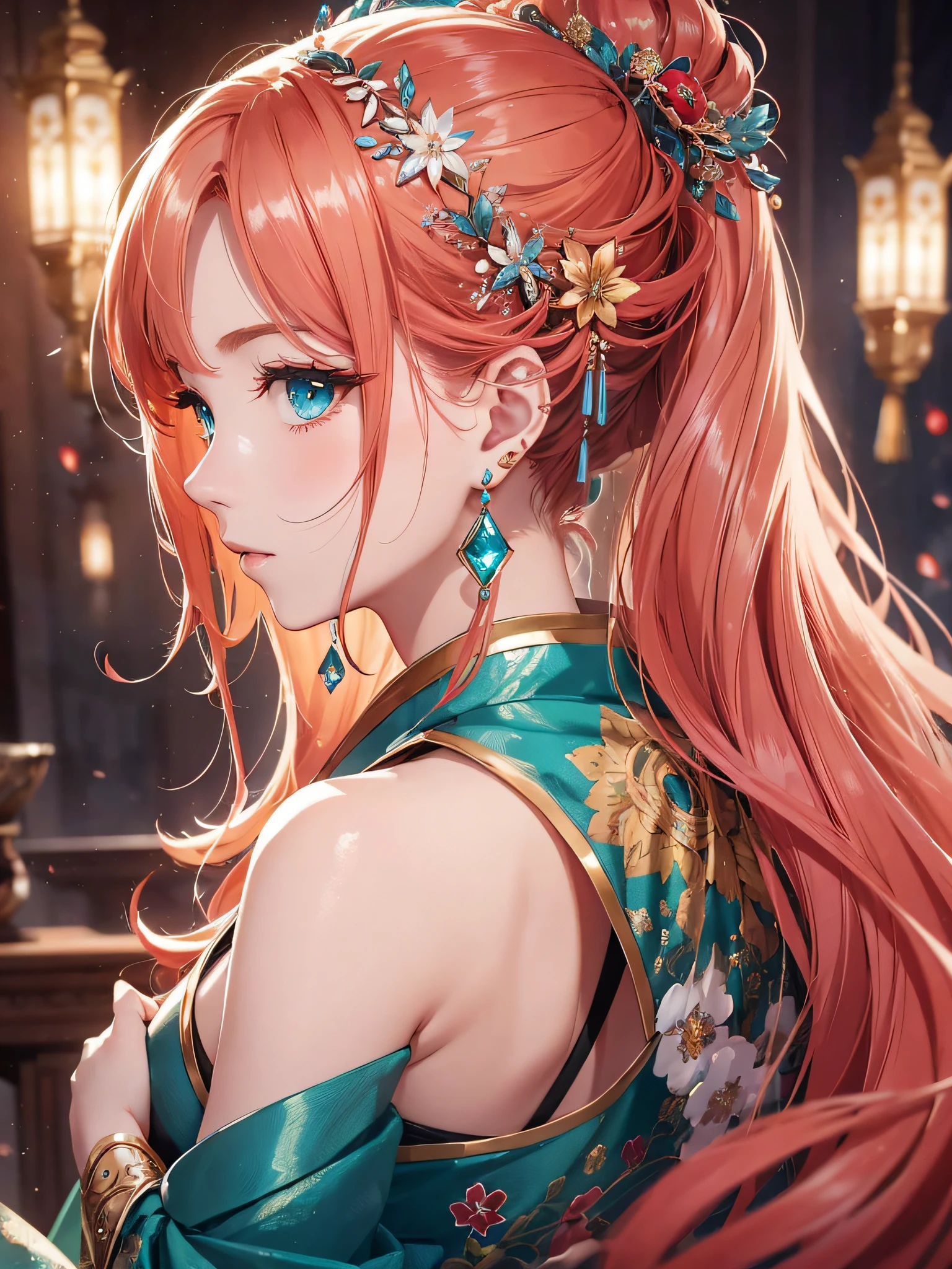 Embark on a journey of enchantment as you behold a digital painting masterpiece featuring a captivating girl adorned in a graceful hanfu, set against a mesmerizing fantasy backdrop. Marvel at the flowing locks of vibrant red hair cascading down her back, complemented by strands of lustrous blonde. Her piercing aqua eyes captivate with their depth and mystery. Delicate earrings and exquisite jewelry adorn her, reflecting her allure. A beautifully crafted hair ornament adds an extra touch of elegance. Capture the scene from behind to evoke a sense of curiosity or from above to showcase the full splendor of the composition. This anatomically correct artwork is meticulously crafted with super detail, allowing viewers to appreciate every nuance of this enchanting portrayal.