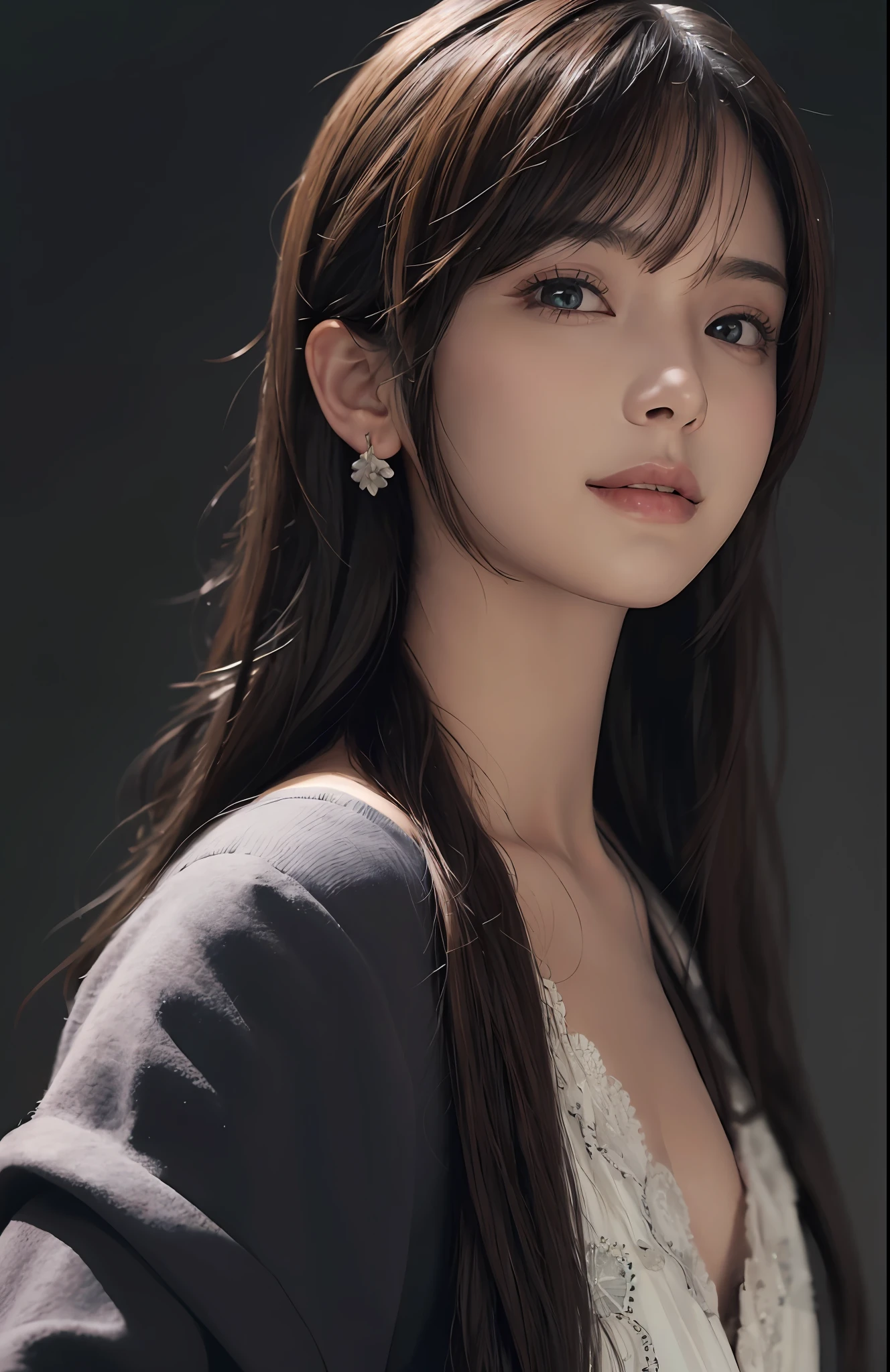 (Ultra Realistic), (Illustration), (Increased Resolution), (8K), (Extremely Detailed), (Best Illustration), (Beautiful and Detailed Eyes), (Best Quality), (Ultra Detailed), (Masterpiece ), ( wallpaper), (detailed face), solo, 1 girl, looking at viewer, fine details, detailed face, in the dark, deep shadows, low key, pureerosfaceace_v1, smiling, long hair, black shawl straight hair , 46 points oblique bangs