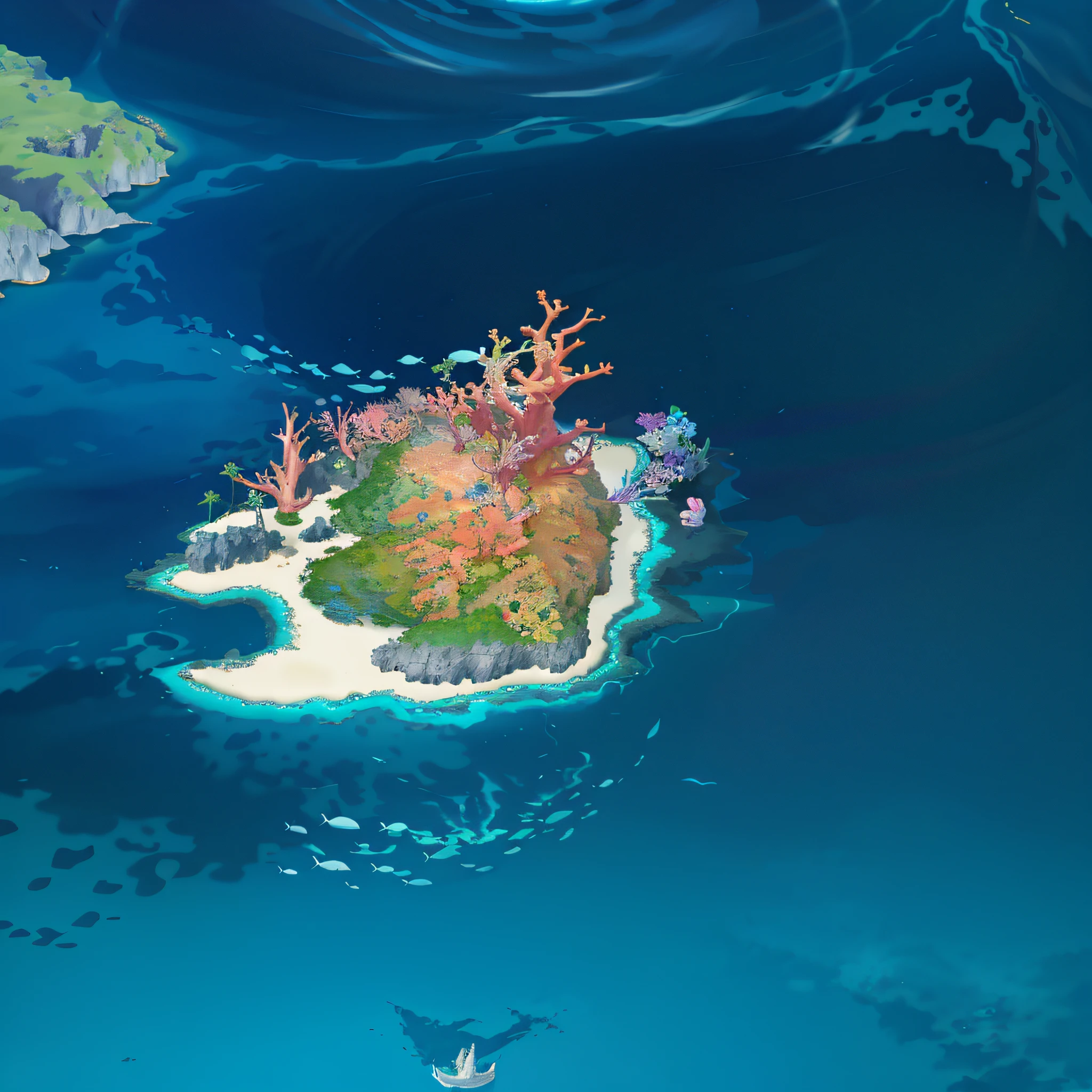 uninhabited island, cloudy day, fantasy, magical plant growth, coral island, realistic light, epic composition, art stand, (masterpiece, best quality), ultra hd, 32k image of a group of islands in the ocean, island background --v 6