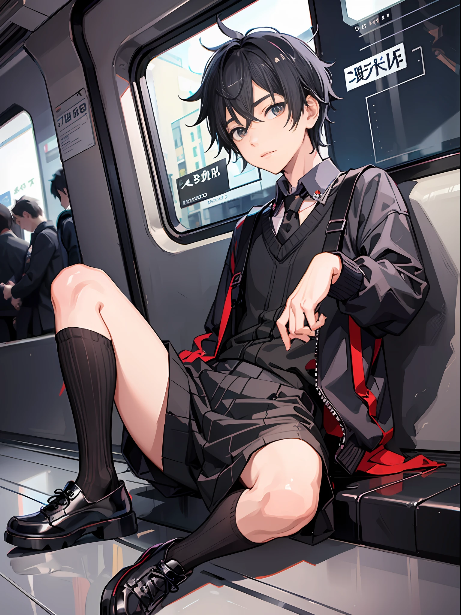 1 boy, Shota, 16 year old boy, black hair, black socks, male schoolboy, Surrealism, 8k, super detail, pants half off, on subway, student, sitting, dress, legs up
