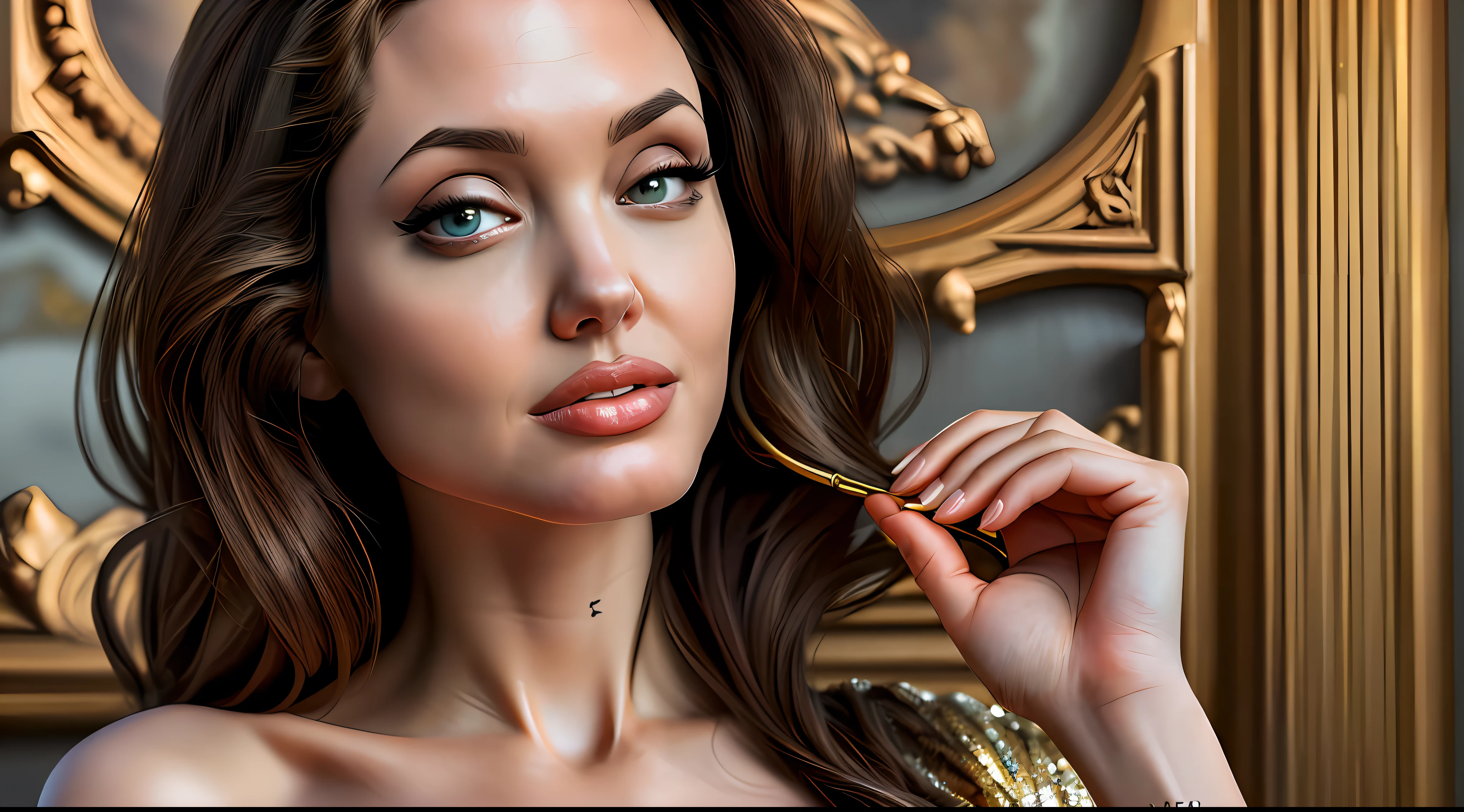 high quality photograph of Angelina Jolie (super detailed face and body, perfect antomie) a beautiful Greek muse wearing gold couture posing for haute couture perfect details, intricate, super detailed, super realistic, 12K, she is distinctive and regal, she commands photography with her expression and clothing, the fabrics are premium and beautiful, she is confident and strong, the hands are face is realistic, she is serving face, the image is inspiring to women, beautiful artistic talent, the photography is intrusive, photographic moneyshot, taken with Canon EOS R5, 24 – 70mm f/2. 8 lens, perfect anatomy, hands with 4 fingers and 1 thumb, rendered in 8K resolution for high quality detail, 8K image quality, 8K high resolution image, hyper detailed, super realistic, intricate details