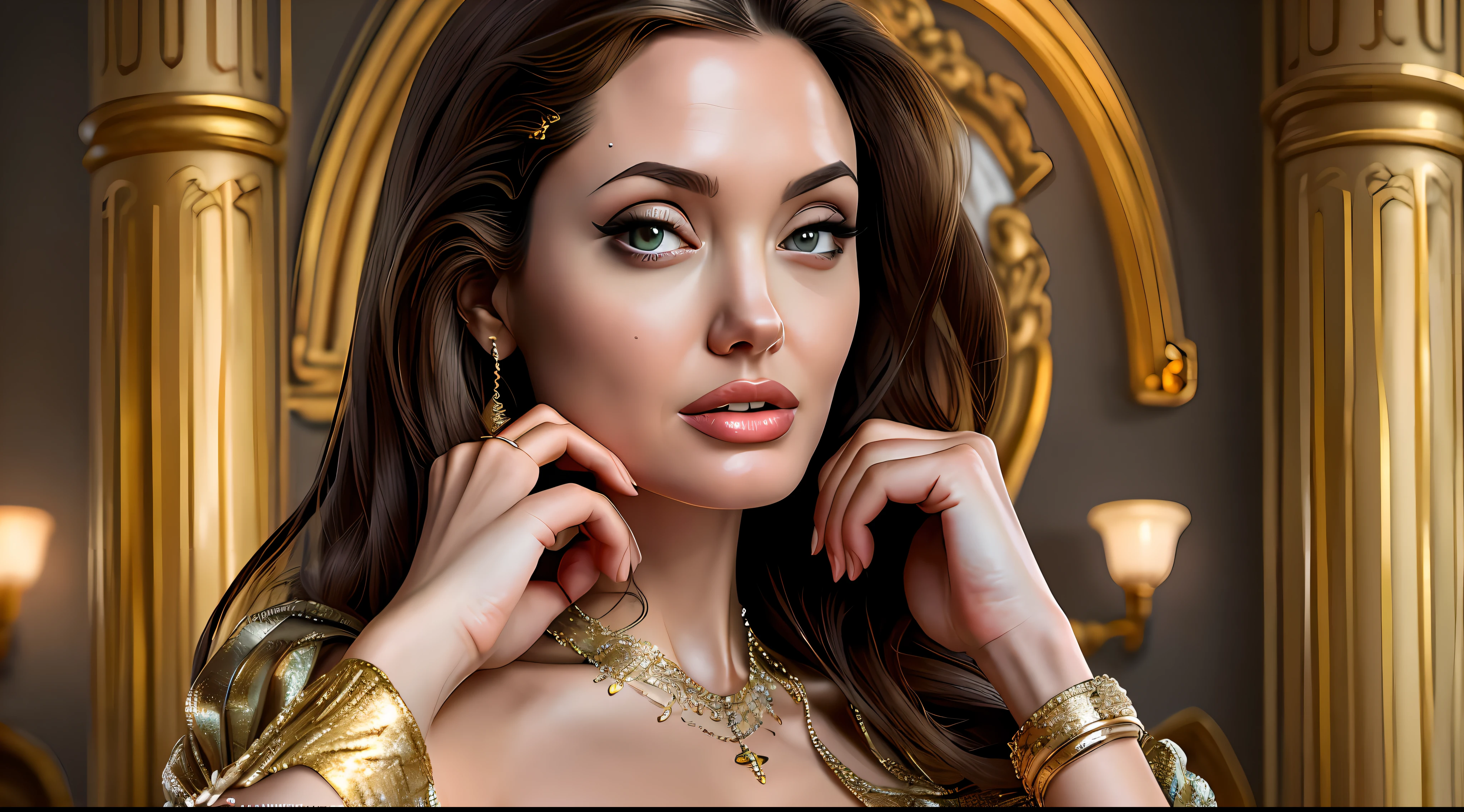 high quality photograph of Angelina Jolie (super detailed face and body, perfect antomie) a beautiful Greek muse wearing gold couture posing for haute couture perfect details, intricate, super detailed, super realistic, 12K, she is distinctive and regal, she commands photography with her expression and clothing, the fabrics are premium and beautiful, she is confident and strong, the hands are face is realistic, she is serving face, the image is inspiring to women, beautiful artistic talent, the photography is intrusive, photographic moneyshot, taken with Canon EOS R5, 24 – 70mm f/2. 8 lens, perfect anatomy, hands with 4 fingers and 1 thumb, rendered in 8K resolution for high quality detail, 8K image quality, 8K high resolution image, hyper detailed, super realistic, intricate details
