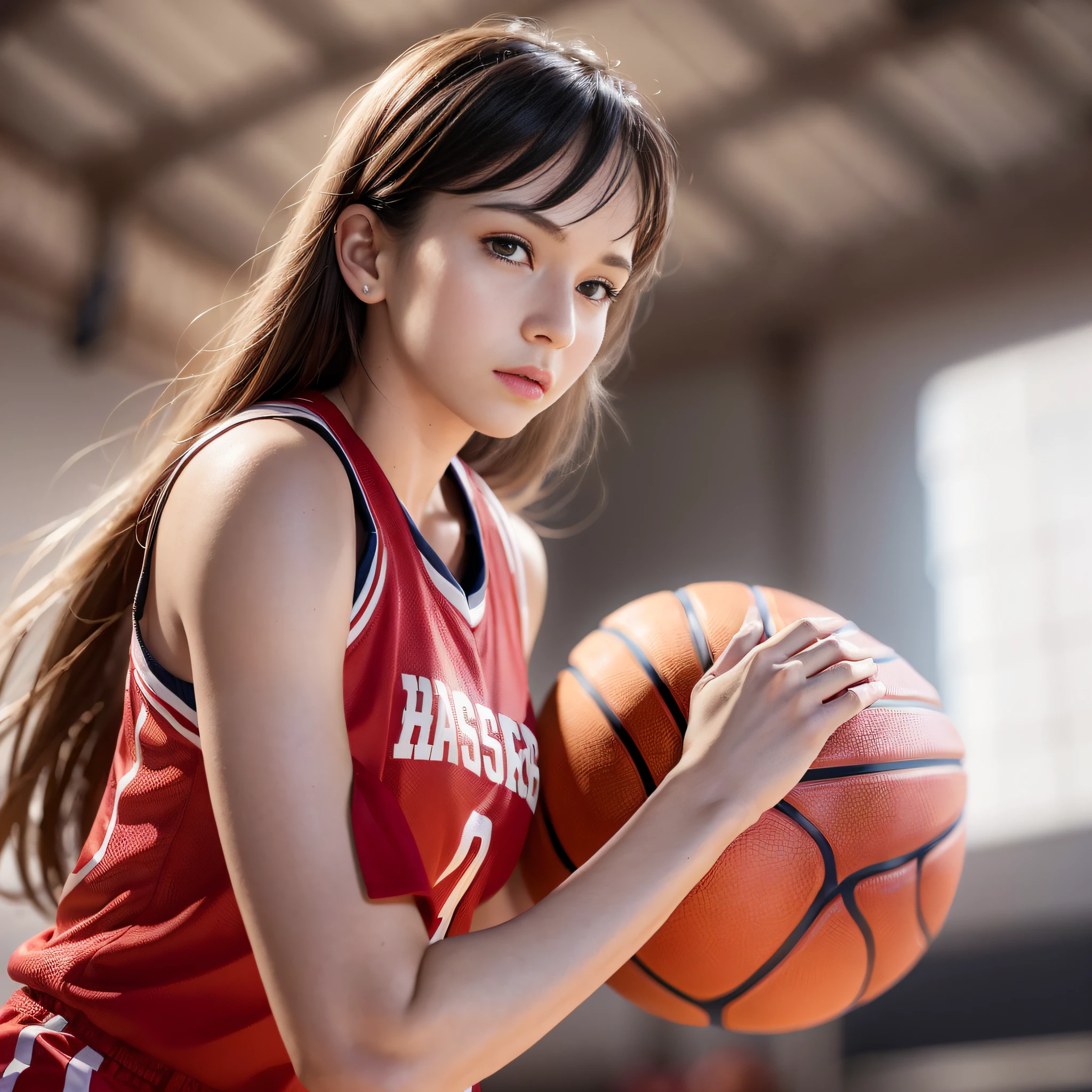 a woman playing basketball, (wearing basket_uniform:1.3), red uniform, good hand,4k, high-res, masterpiece, best quality, head:1.3,((Hasselblad photography)), finely detailed skin, sharp focus, (cinematic lighting), night, soft lighting, dynamic angle, [:(detailed face:1.2):0.2],(((inside_basketball_field))),