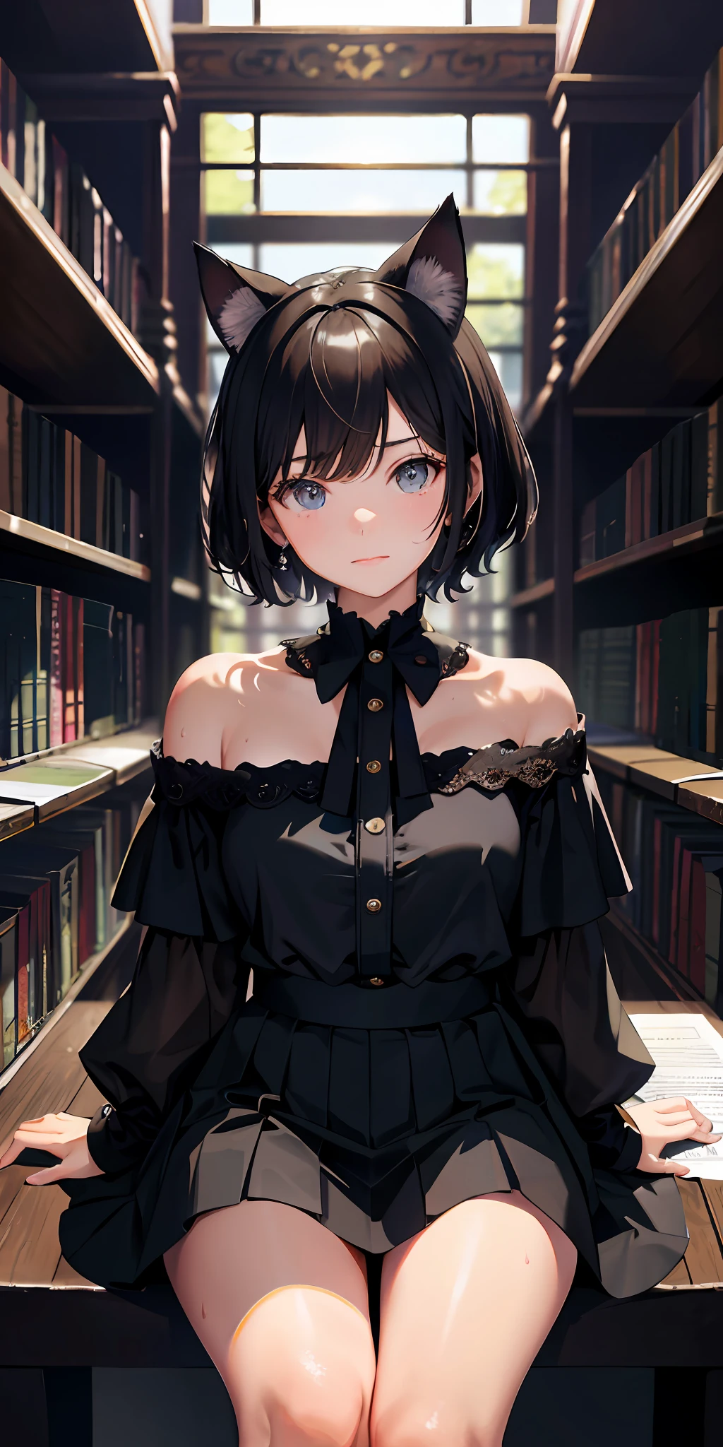 Masterpiece, best quality, high resolution, very detailed, detailed background, 1 girl, looking at the audience, sitting in the library, wearing cat ears, short hair, off-the-shoulder dress, skirt, sweat, sweat, transparent, nervous, NSFW