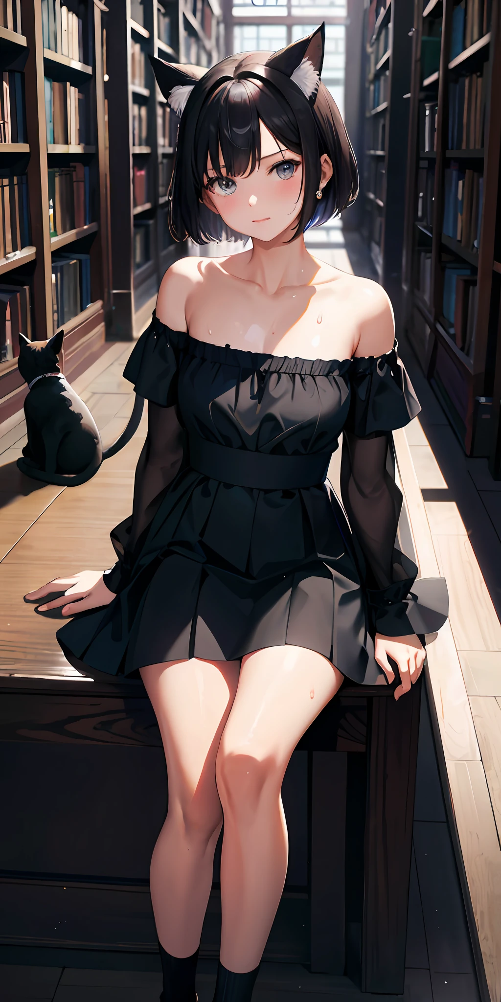 Masterpiece, best quality, high resolution, very detailed, detailed background, 1 girl, looking at the audience, sitting in the library, wearing cat ears, short hair, off-the-shoulder dress, skirt, sweat, sweat, transparent, nervous, NSFW