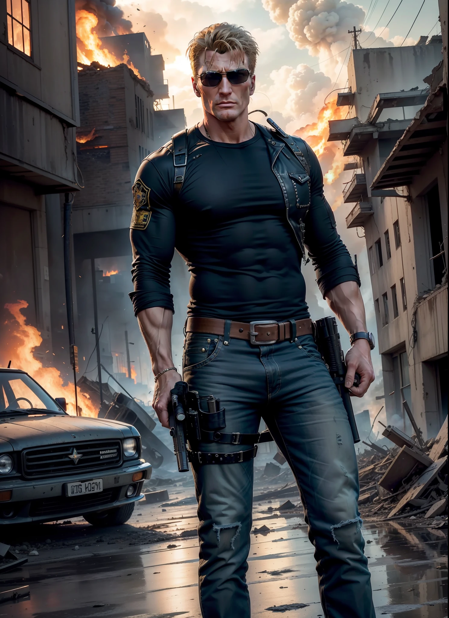 Dolph Lundgreen, Big Hair, Sunglasses, Jeans, 1 Belt, Holster, Rivets, Long Black Cover, Just One Body, Big Gun in Hands, In Ruins, Explosions Behind, Fire Behind, Front View