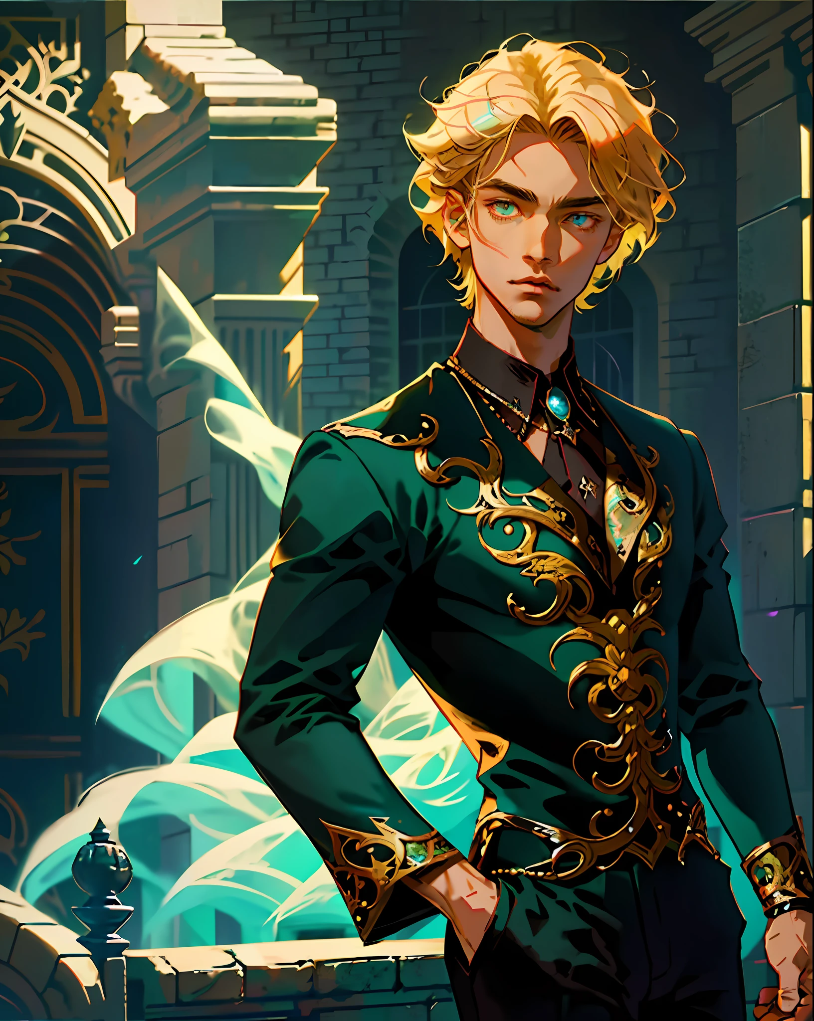 1boy, (man), manly body, anime, extremely detailed, hyper detailed, (broad shoulders), (PERFECT FACE), illustration, soft lighting, 2d, intricate, cowboy shot, detailed eyes, blonde hair, short hair, teal eyes, sexy, toned, black tuxedo, (outside), castle tower