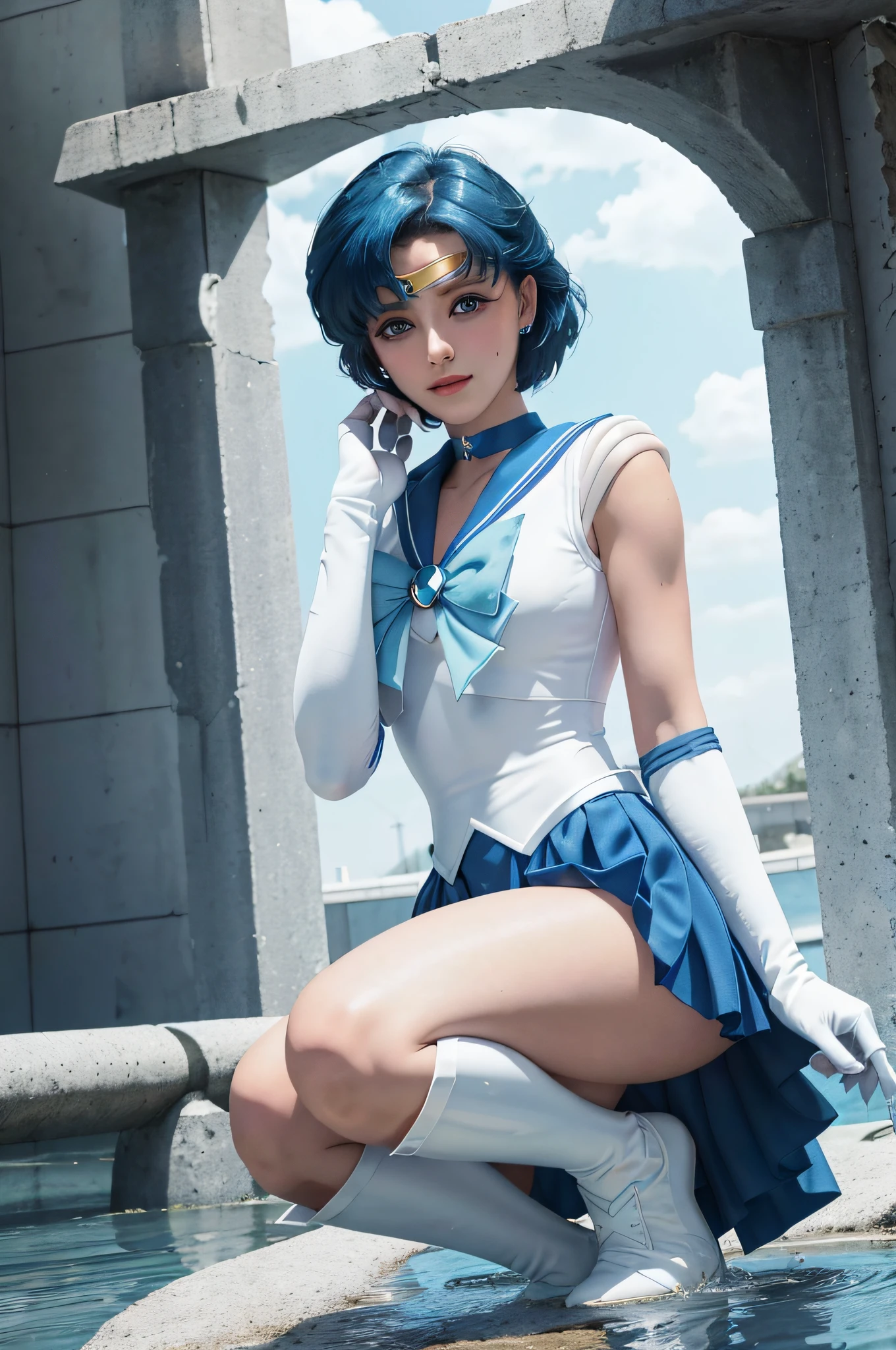 1girl, smile, delicate facial features, breasts, gloves, lips, solo, sailor mercury, blue eyes, smuniform, mer1, tiara, sailor senshi uniform, (RAW photo, best quality), masterpiece, ridiculous, sexy, floating short blue hair, blue sailor collar, bow, (over-the-knee boots: 1.1), choker, white gloves, Blue choker, elbow gloves, jewelry, earrings, blue skirt, sole, full body, blue hair, (perfect hand drawn): 3.8, octane rendering, water god, home environment