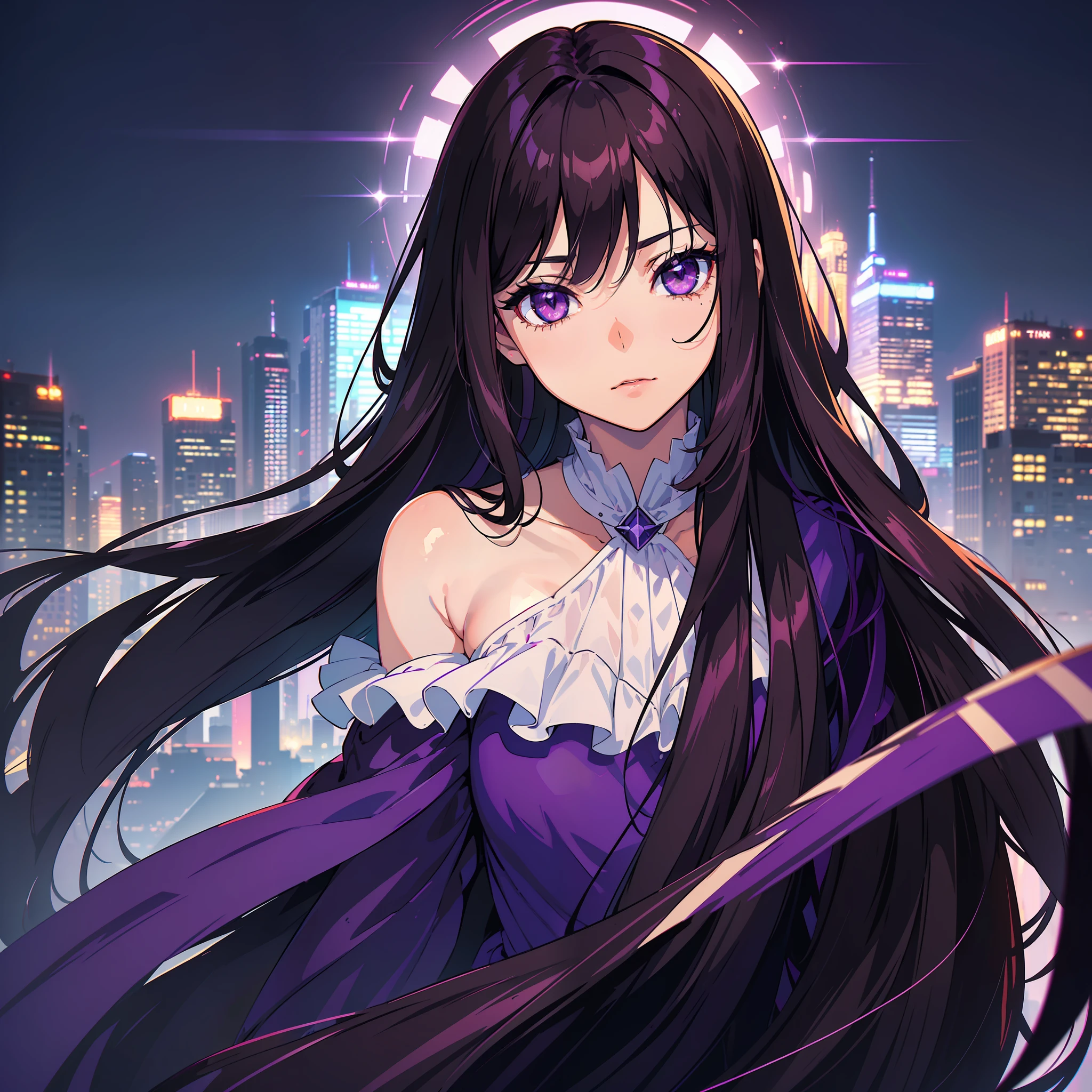 (masterpiece, best quality), ((1girl, (mature)), (dark wine hair, long hair, fringed hair, straight hair, beautiful hair), (purple eyes, beautiful eyes, eye highlights, sharp eyes)), (simpler background, dark background, city background), (highres, chromatic aberration),