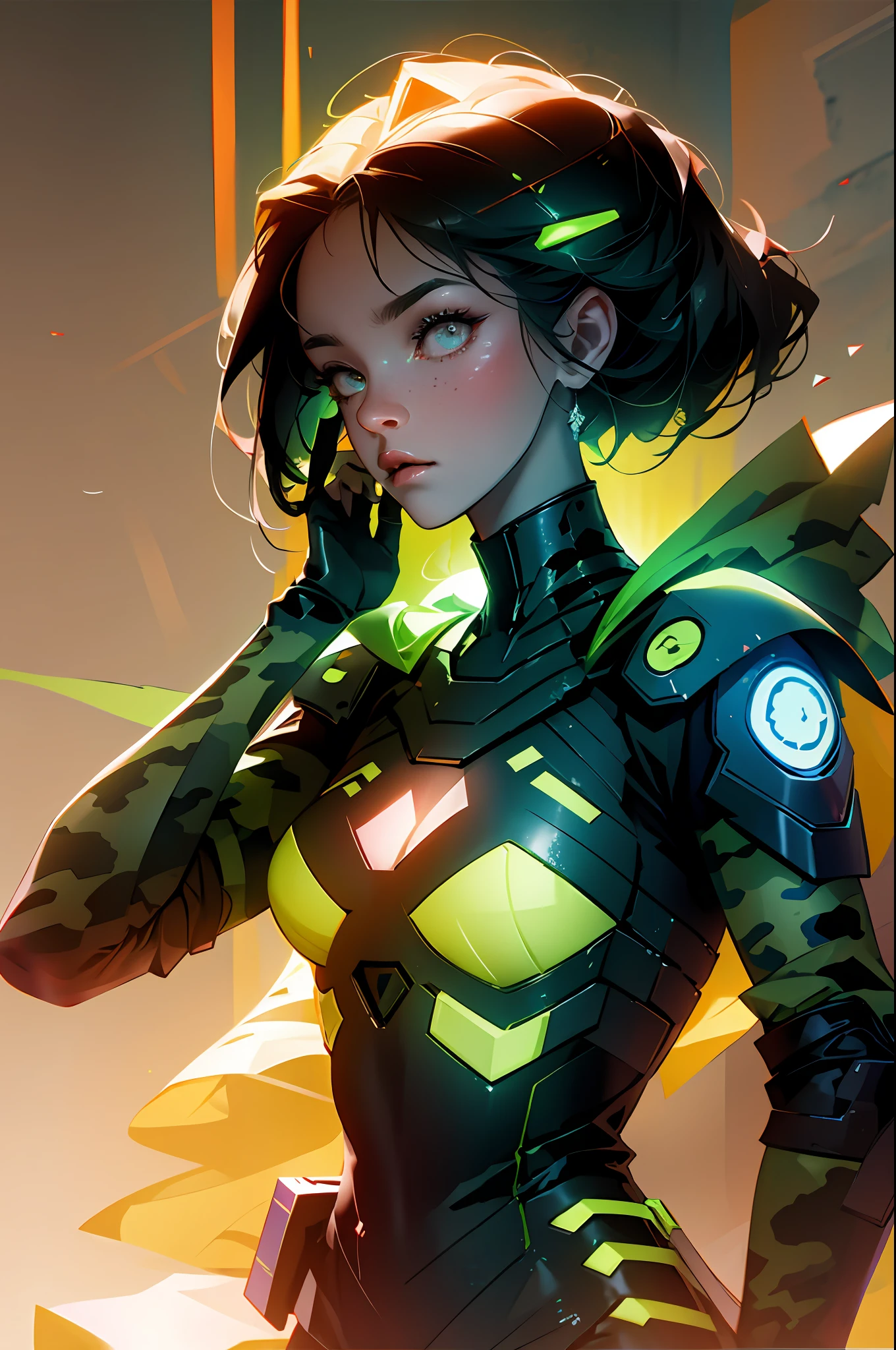 ((Best quality)), ((masterpiece)), (highly detailed:1.3), 3D, beautiful (cyberpunk:1.2) special forces, robort,female with thick voluminous hair wearing (wearing camouflage_uniform:1.1), body armour,cape,digital (camouflage:1.3),HDR (High Dynamic Range),Ray Tracing,NVIDIA RTX,Super-Resolution,Unreal 5,Subsurface scattering,PBR Texturing,Post-processing,Anisotropic Filtering,Depth-of-field,Maximum clarity and sharpness,Multi-layered textures,Albedo and Specular maps,Surface shading,Accurate simulation of light-material interaction,Perfect proportions,Octane Render,Two-tone lighting,Wide aperture,Low ISO,White balance,Rule of thirds,8K RAW,Efficient Sub-Pixel,sub-pixel convolution,