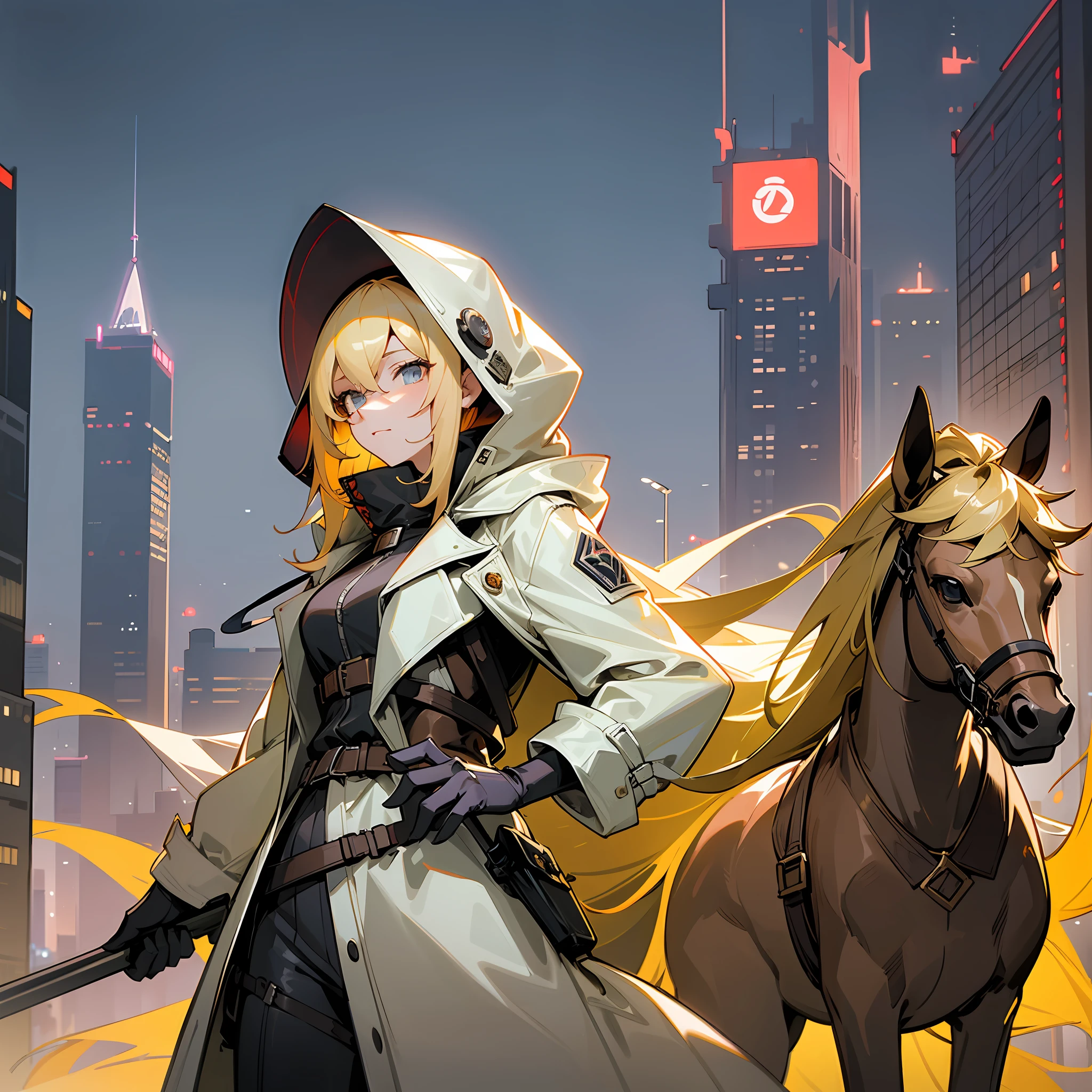 In the city background at night, a blonde horse gunman wearing a colorless translucent hooded trench coat and a pair of windproof goggles, full of heroic and sassy royal sister demeanor, the best quality high-resolution anime art from Ark of Tomorrow, it is high quality and detailed. --auto --s2