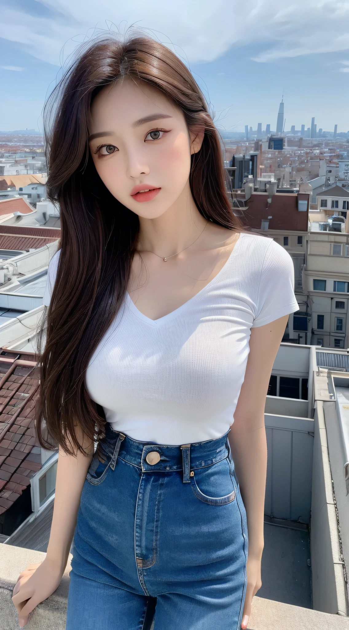 ((Midnight, Best quality, 8k, Masterpiece :1.3)), Whole body, Long legs, Sharp focus :1.2, A pretty woman with perfect figure :1.4, Slender abs :1.1, ((Dark brown hair, Big breasts :1.2)), (White tight tshirt, Jean bib, Standing:1.2), ((Night city view, Rooftop:1.3)), Highly detailed face and skin texture, Detailed eyes, Double eyelid