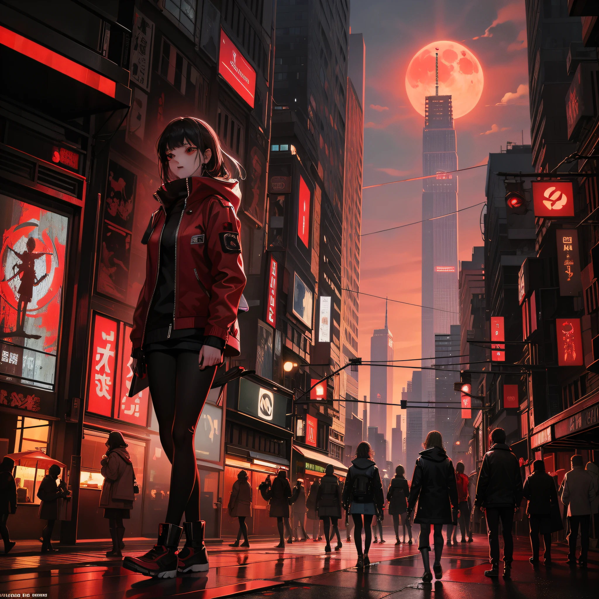 (Quality: HD, Style Tag: Hyperrealistic), a red moon rises under the firmament, (City: 1.3), (Darkness: 1.4), (Futuristic: 1.1), (Cyberpunk: 1.3), the atmosphere is tense, the building is towering, greasy stains and stale signs have been forgotten in time and dust, extreme detail, red light is all over the sky, and there is a faint smell of blood.