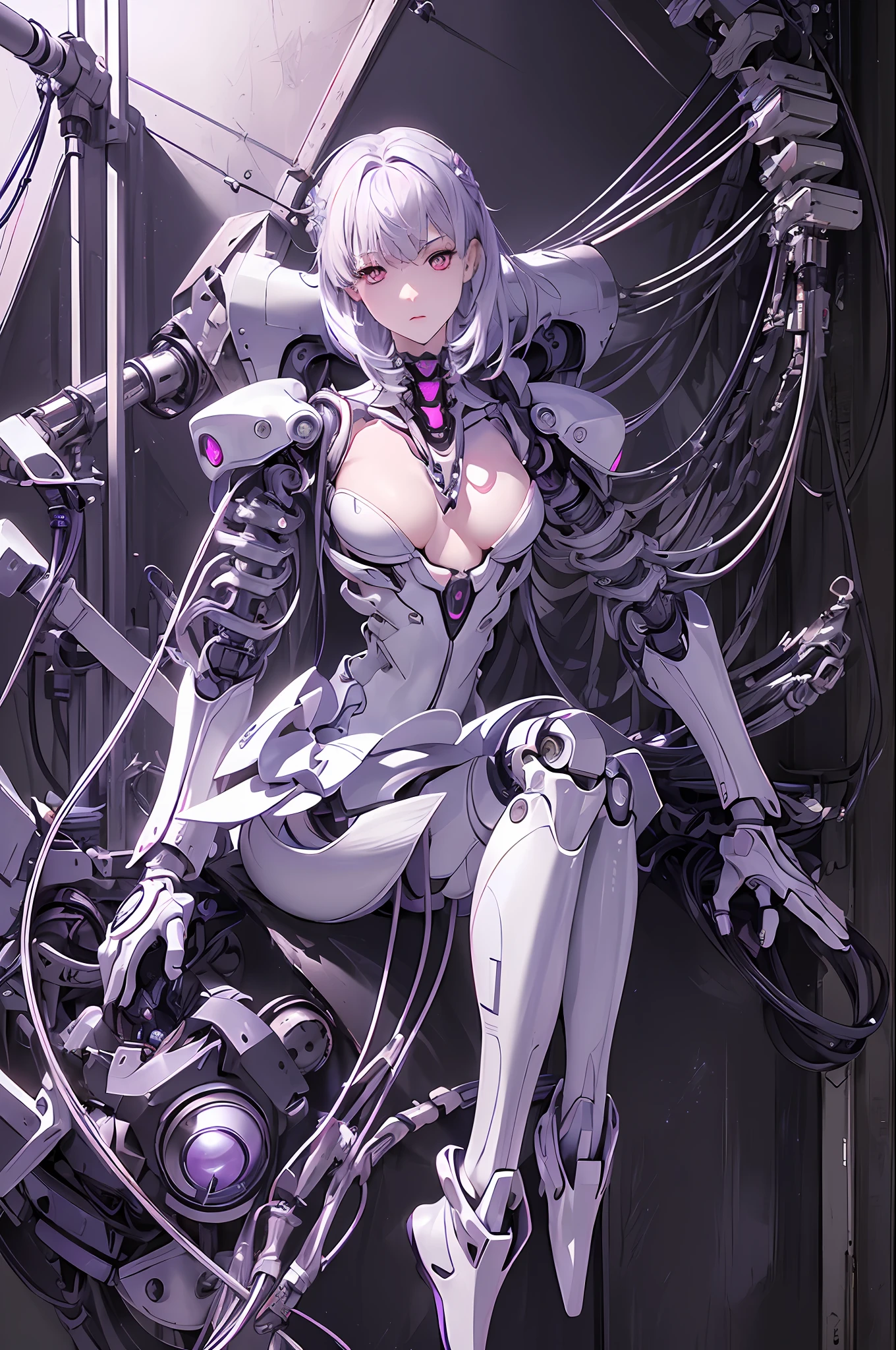 (((Masterpiece)))), (((highest quality)))), ((Ultra Definition)), (Very Detailed Photoreality), (((Very Delicate and Beautiful)), (Delicate and Pretty Face), Cinematic Light, (((1 Machine Girl)), Solo, Full Body, Big, Cleavage Is Visible Skin, White Hair, Purple Eyes, Luminous Eyes, (Mechanical Joint: 1.4), (Mechanical limbs)), (Blood vessels connected to tubes), (( Mechanical vertebrae attached to the back)), ((Cervical vertebrae of the machine) attached to the neck)), (((sitting)), expressionless, (wires and cables attached to the head and body: 1.5), (character focus), small LED lamps on the body, Evangelion, SF, gunmetallic body, detailed neon