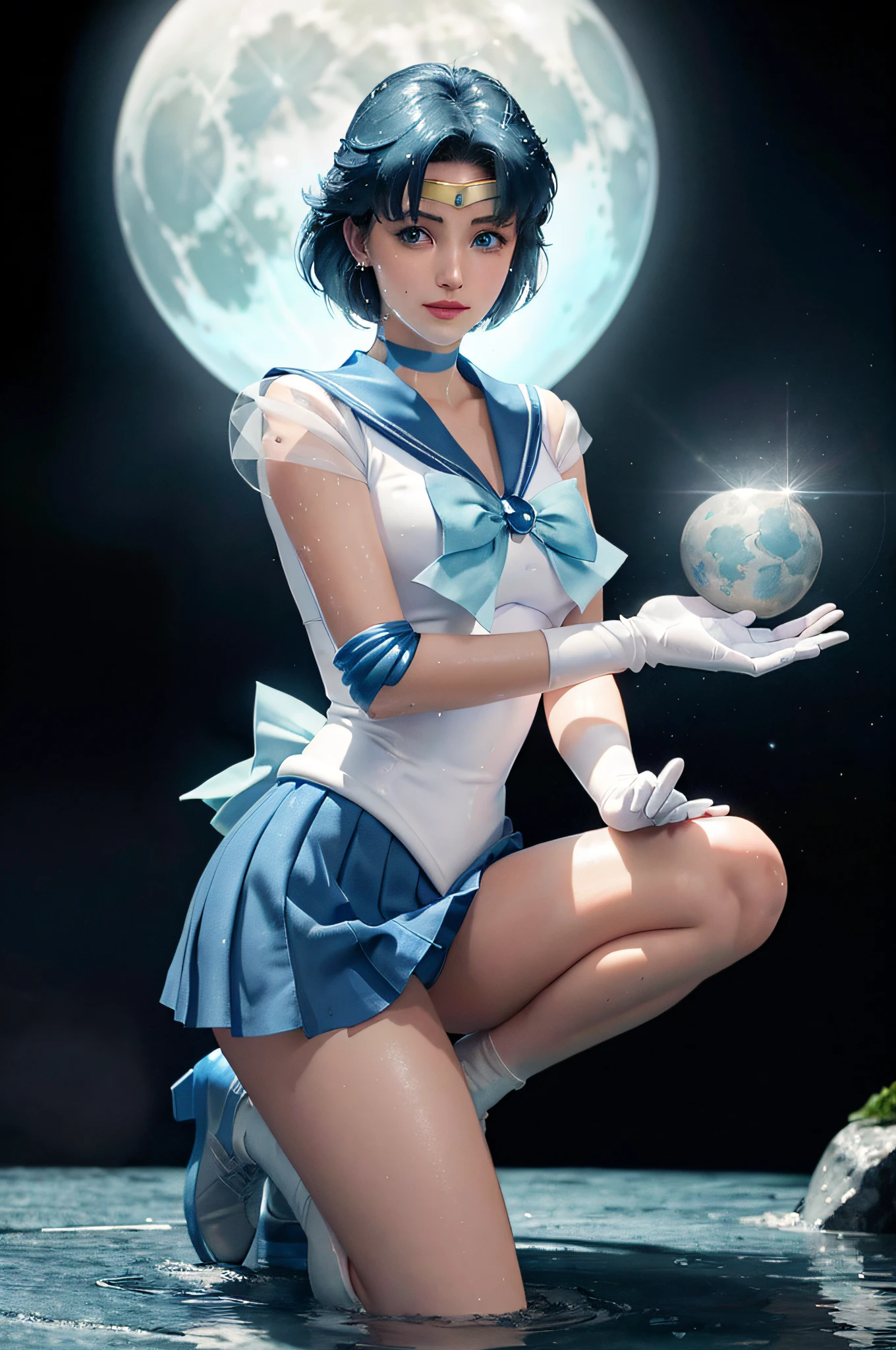 1girl, smile, delicate facial features, breasts, gloves, lips, solo, sailor mercury, blue eyes, smuniform, mer1, tiara, sailor senshi uniform, (RAW photo, best quality), masterpiece, ridiculous, sexy, floating short blue hair, blue sailor collar, bow, (over-the-knee boots: 1.1), choker, white gloves, Blue choker, elbow gloves, jewelry, earrings, blue skirt, sole, full body, blue hair, (perfect hand drawn): 3.8, octane rendering, water god, (water drops), wet clothes, (beautiful detailed water), (floating), dynamic angle, with a huge moon in the background