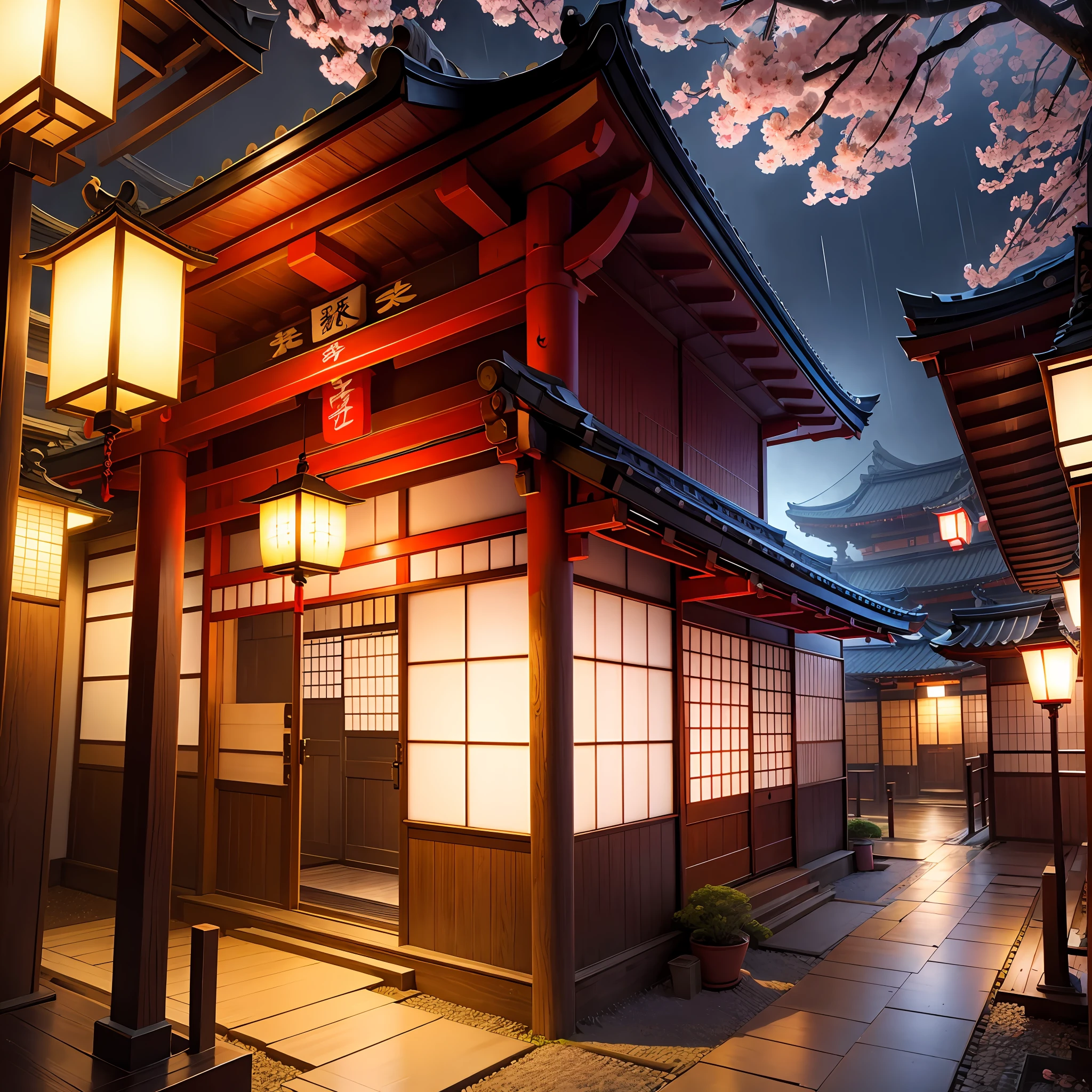 Print, manga, colorful, Japanese lantern, ramen cart, sakura, framing, Osaka, modern Japan with sakura flowers falling in the wind and light rain on clear and sunny day. Print, manga, colorful, samurai, Japanese, Japanese temple.