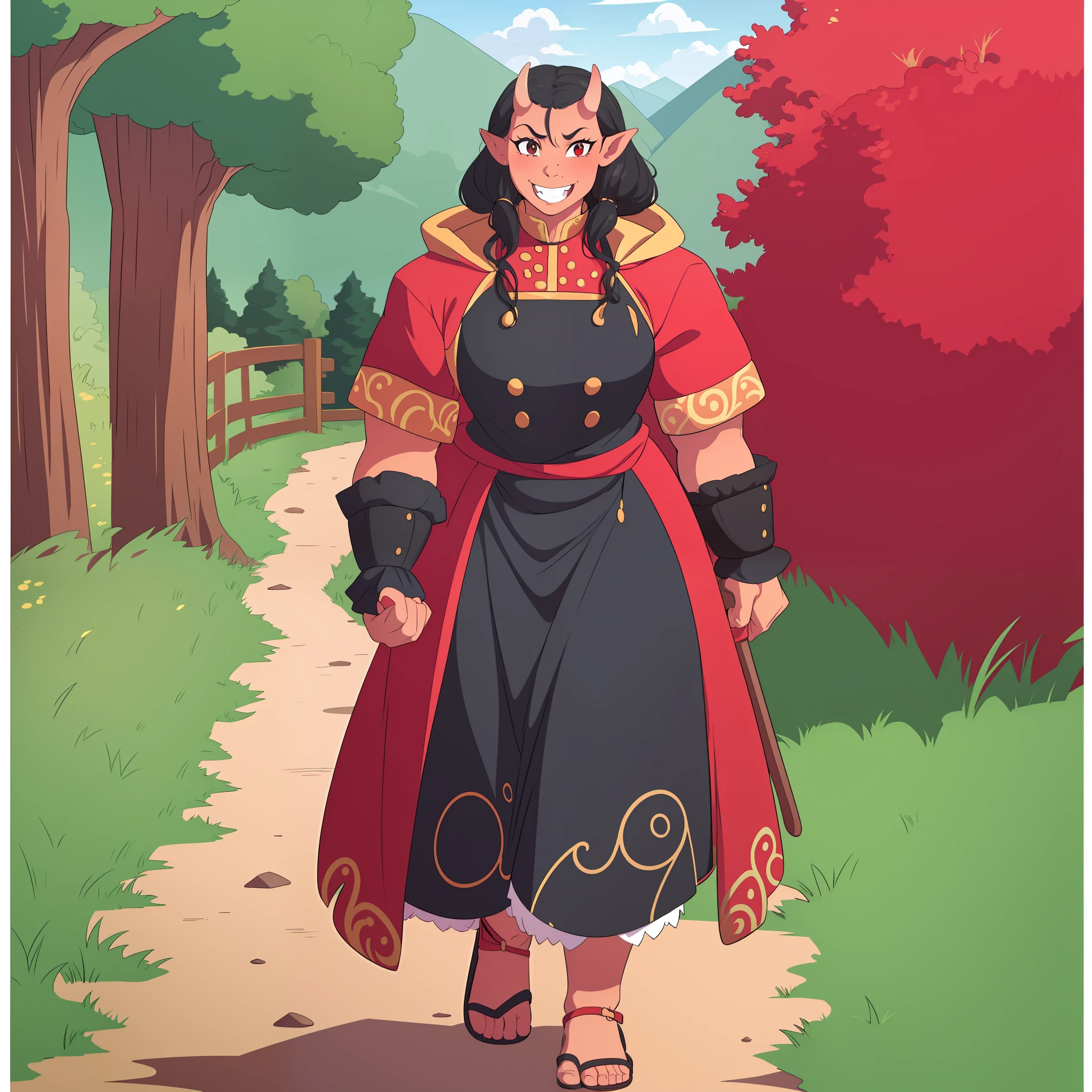 Muscle girl, red-skinned woman, big chest, , happy,, coat jacket, pants, portrait, 1character, full body, walking, long dress, medieval, village, farm,, forest,flipflops,black hair,, , coat, buttler, victorian cloths, oni girl, portrait, 1character,