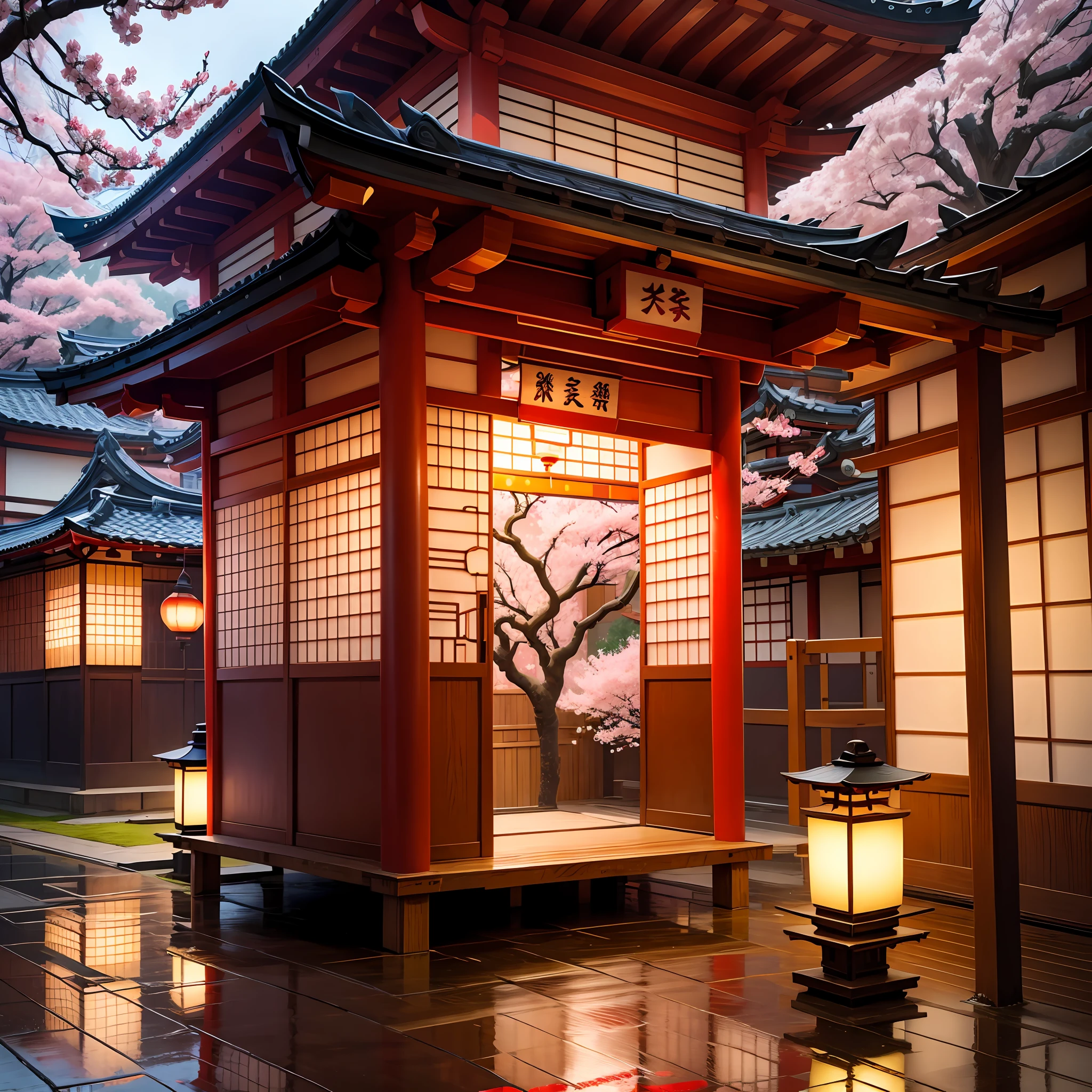 Print, manga, colorful, Japanese lantern, ramen cart, sakura, framing, Osaka, modern Japan with sakura flowers falling in the wind and light rain on clear and sunny day. Print, manga, colorful, samurai, Japanese, Japanese temple.