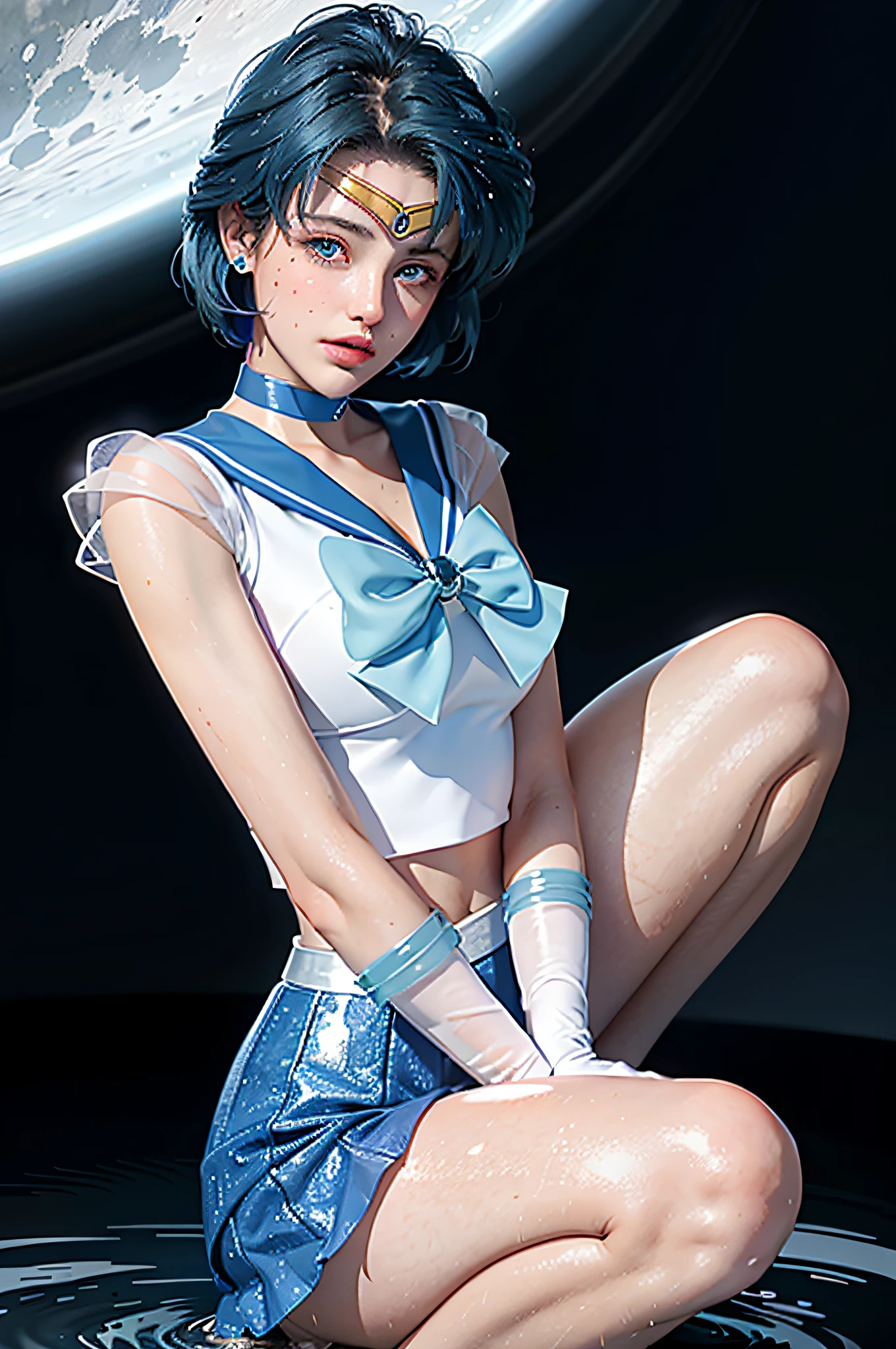1girl, smile, delicate facial features, breasts, gloves, lips, solo, sailor mercury, blue eyes, smuniform, mer1, tiara, sailor senshi uniform, (RAW photo, best quality), masterpiece, ridiculous, sexy, floating short blue hair, blue sailor collar, bow, (over-the-knee boots: 1.1), choker, white gloves, Blue choker, elbow gloves, jewelry, earrings, blue skirt, sole, full body, blue hair, (perfect hand drawn): 3.8, octane rendering, water god, (water drops), wet clothes, (beautiful detailed water), (floating), dynamic angle, with a huge moon in the background
