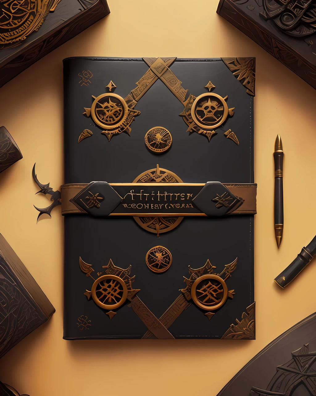 the front cover of a sinister and ancient codex bound in scruffy black and amber leather featuring occult gold symbols, furniture and tooling, view from above, centred, extremely high details, scruffy:1.5, rough:1.5, stained:1.5, bright natural colours:1.5, sinister, dark