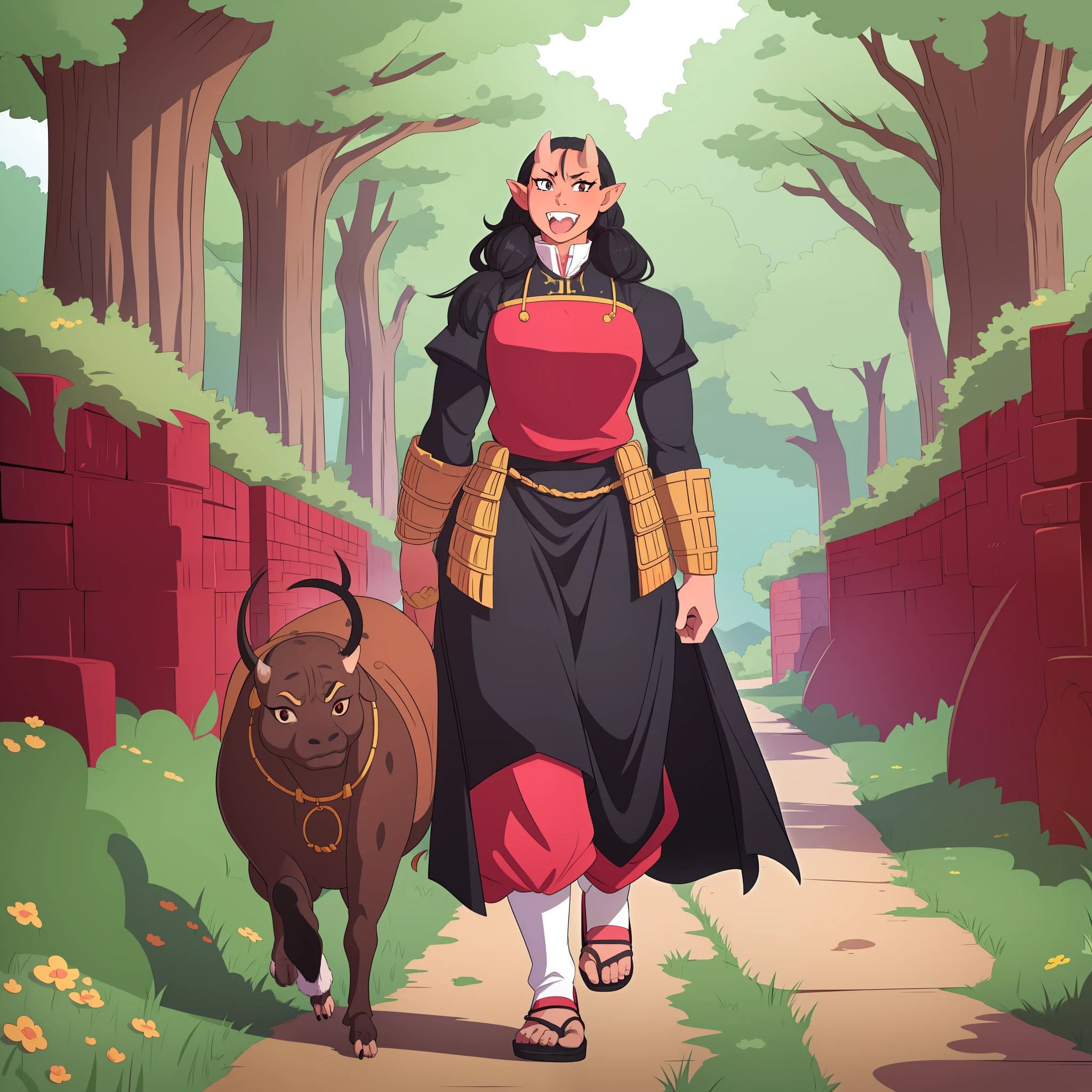 Muscle girl, red-skinned woman, big chest, , happy,, coat jacket, pants, portrait, 1character, full body, walking, long dress, medieval, village, farm,, forest,flipflops,black hair,, , coat, buttler, victorian cloths, oni girl, portrait, 1character,, goth