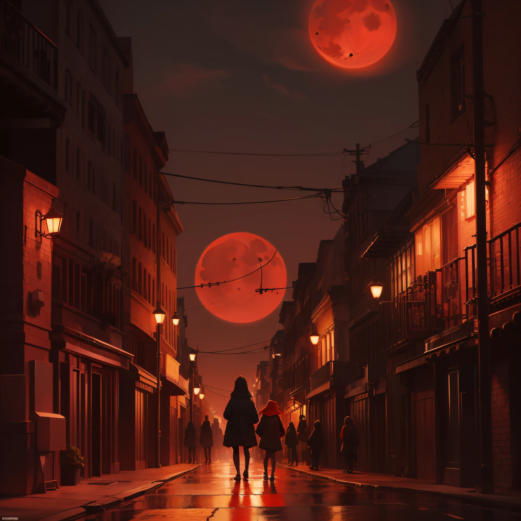 ((A red moon in the sky: 1.2), (Scary city: 1.1)), dark and hazy scenes, orange street lamps casting ambiguous halos, rainy days, terrible behemoths, hideous faces