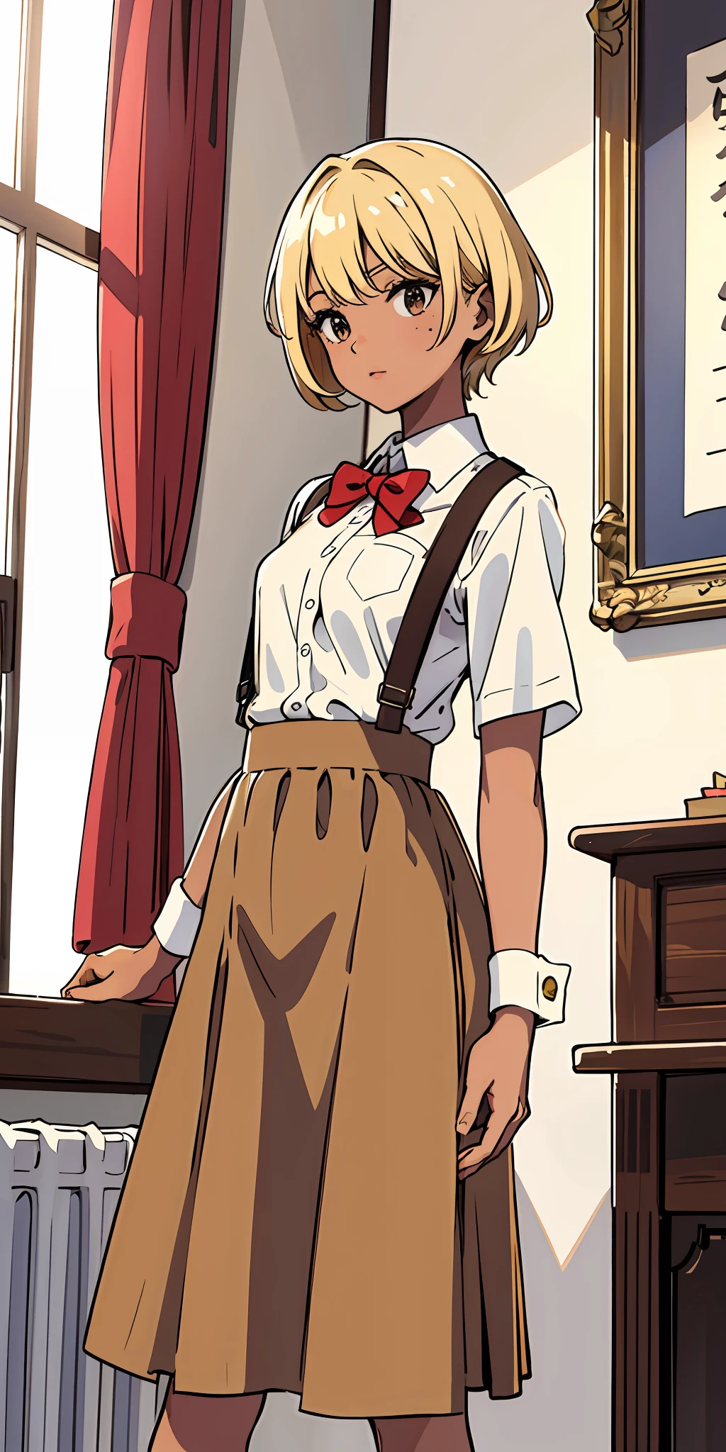 (top quality, masterpiece), 1 girl, 18 years old, stunning, sexy, blonde short, brown skin, tan, uniform, long skirt, mole, room, small, small breasts, thin areola