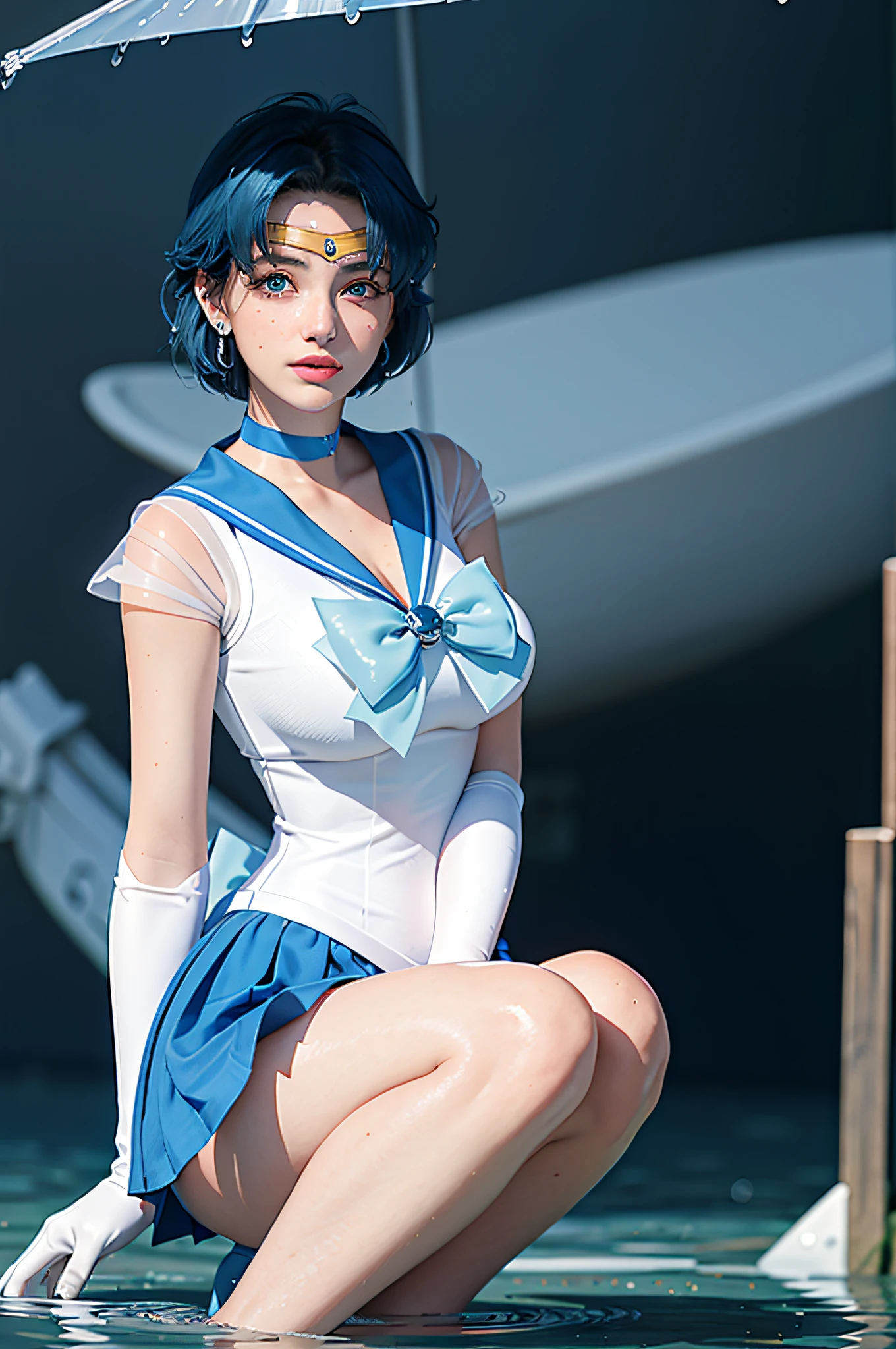 1girl, smile, delicate facial features, breasts, gloves, lips, solo, sailor mercury, blue eyes, smuniform, mer1, tiara, sailor senshi uniform, (RAW photo, best quality), masterpiece, ridiculous, sexy, floating short blue hair, blue sailor collar, bow, (over-the-knee boots: 1.1), choker, white gloves, Blue choker, elbow gloves, jewelry, earrings, blue skirt, sole, full body, blue hair, (perfect hand drawn): 3.8, octane rendering, water god, (water drops), wet clothes, (beautiful detailed water), (floating), dynamic angle, with a huge moon in the background