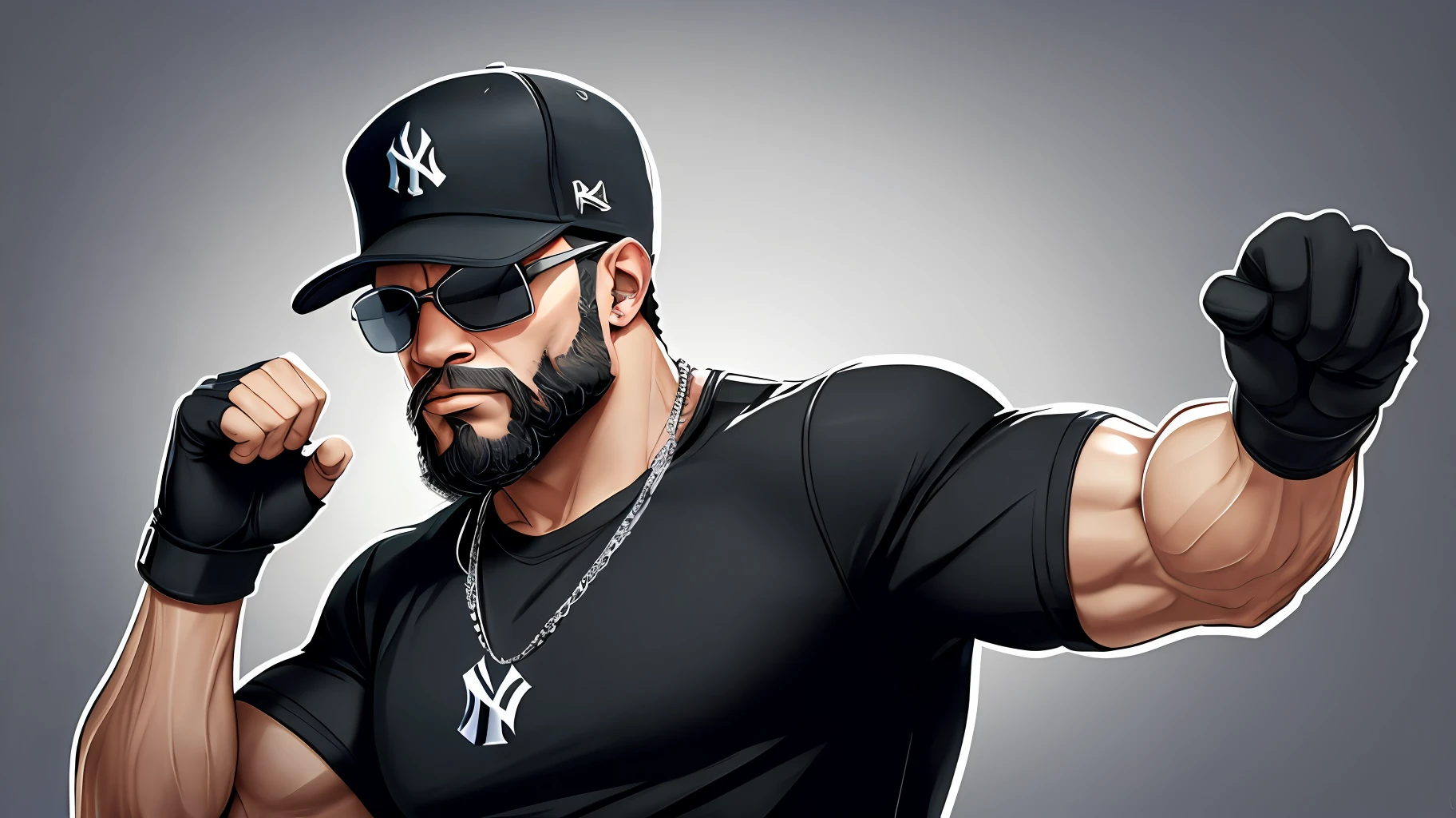 Single, Solo, Men, Sunglasses, Black New York Yankees Hat, Black T-Shirt, Beard, Muscles, Hip Hop, GTA5, Open Finger Gloves, Fighting Pose, GTA5-like background, Thick Silver Necklace