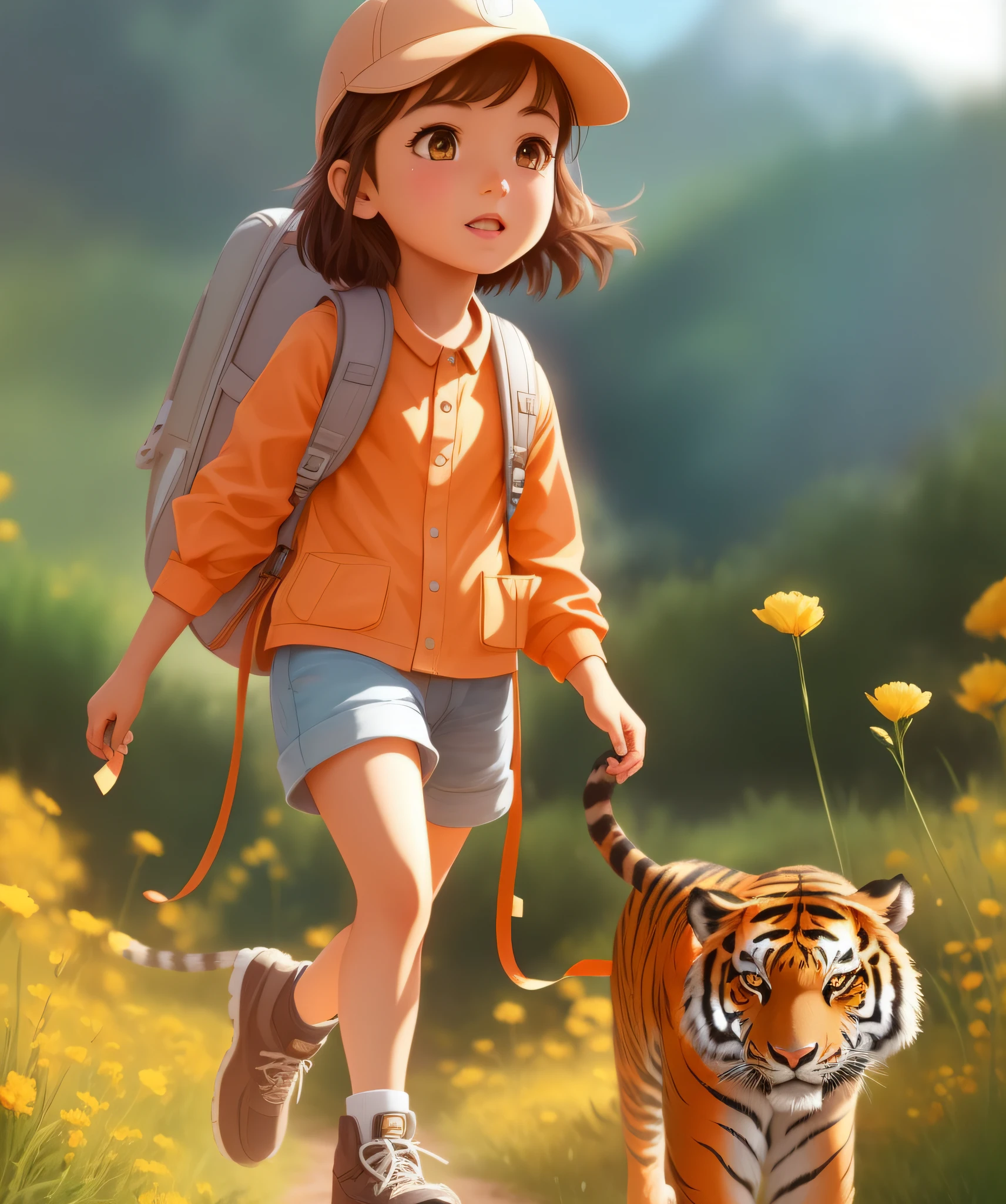 arafed image of a girl walking a tiger in a field, adorable digital painting, female explorer mini cute girl, realistic anime 3 d style, childrens art in artstation, adventure hyper realistic render, digital cartoon painting art, cute detailed digital art, fantasy matte painting，cute, cartoon digital painting, artgerm and atey ghailan, animation style render