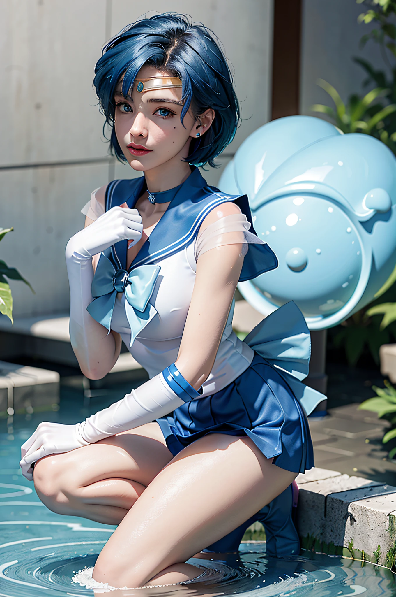 1girl, smile, delicate facial features, breasts, gloves, lips, solo, sailor mercury, blue eyes, smuniform, mer1, tiara, sailor senshi uniform, (RAW photo, best quality), masterpiece, ridiculous, sexy, floating short blue hair, blue sailor collar, bow, (over-the-knee boots: 1.1), choker, white gloves, Blue choker, elbow gloves, jewelry, earrings, blue skirt, sole, full body, blue hair, (perfect hand drawn): 3.8, octane rendering, water god,