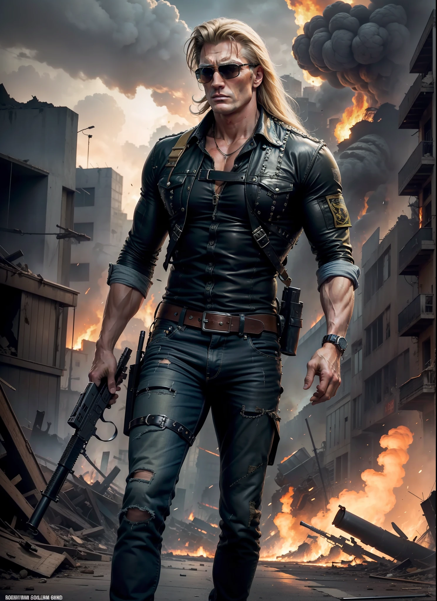 Dolph Lundgreen, Long Hair, Sunglasses, Jeans, 1 Belt, Holster, Rivets, Long Black Cover, Just One Body, Big Gun In Hands, In Ruins, Explosions Behind, Fire Behind, Front View