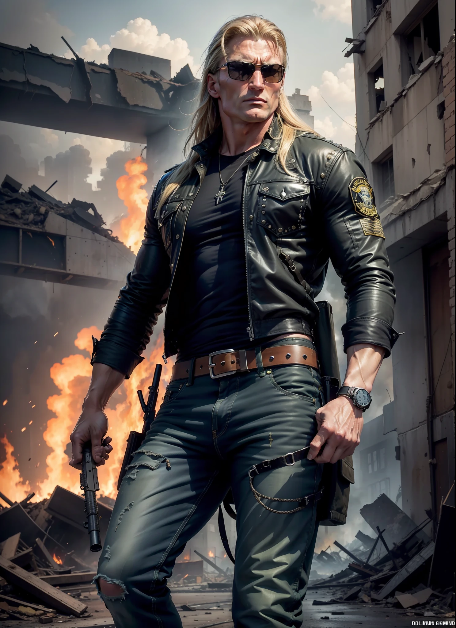 Dolph Lundgreen, Long Hair, Sunglasses, Jeans, 1 Belt, Holster, Rivets, Long Black Cover, Just One Body, Big Gun In Hands, In Ruins, Explosions Behind, Fire Behind, Front View