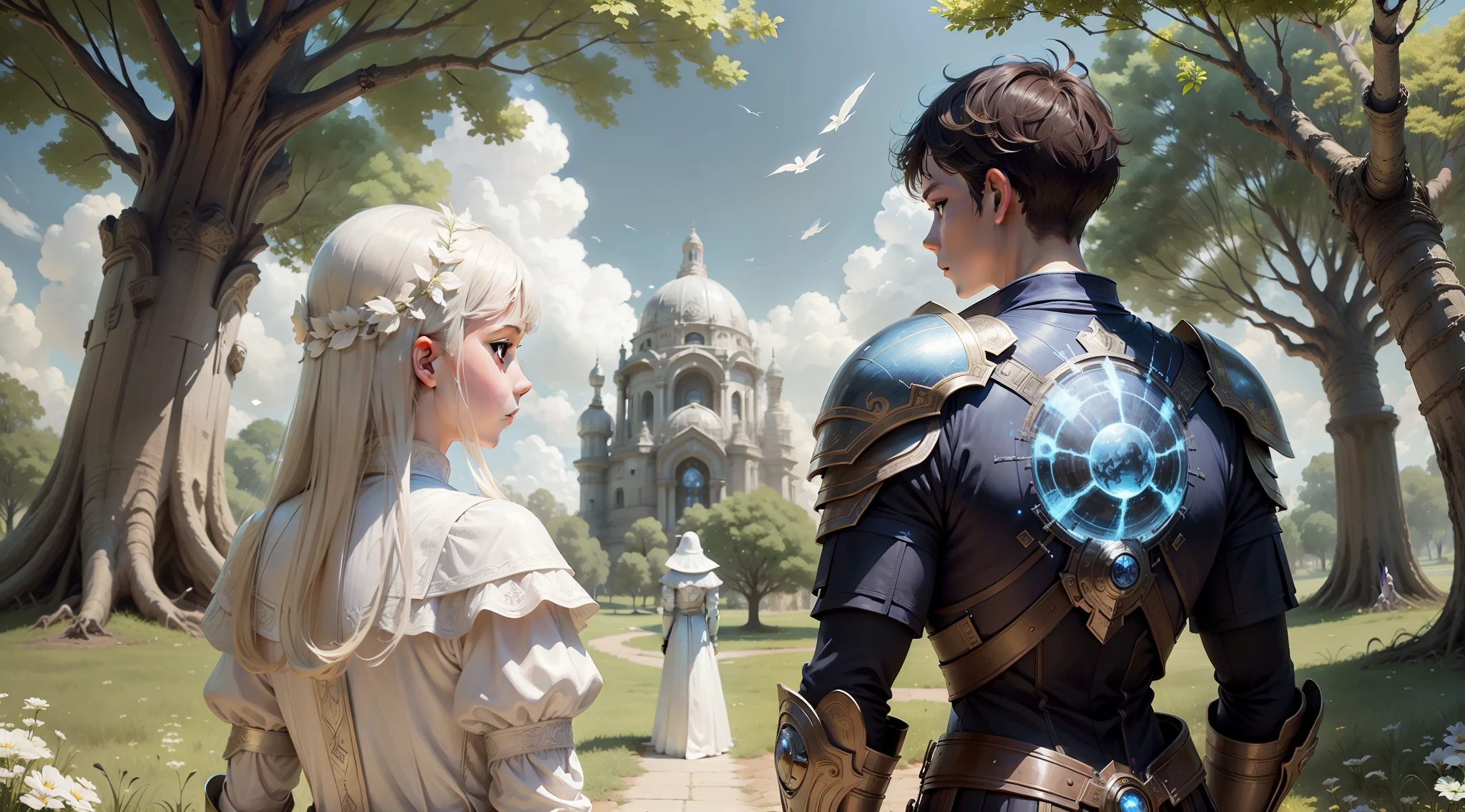 Girl in white, young man in light armor, two people, busts, facing off under the big tree, blue sky and white clouds.