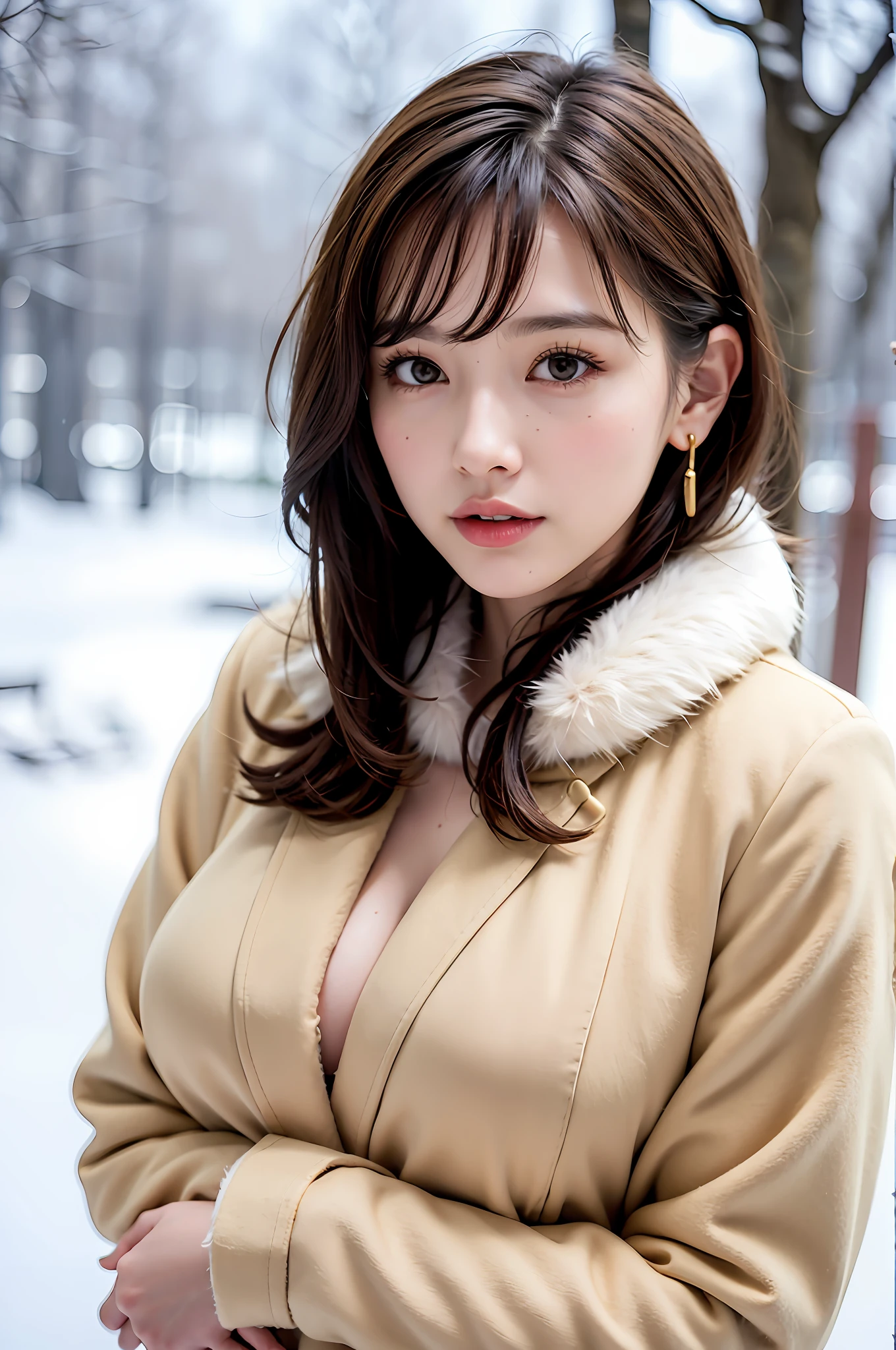 1 girl, bare_tree, brown_eyes, brown_hair, building, coat, cross_earrings, earrings, fur, fur trimmed_coat, fur_collar, fur_scarf, fur_trim, jewelry, lips, shorthair, looking_at_viewer, outdoors, snow, snow, solo, tree, upper_body, Winter, winter_clothes, detailed_eyes,Big breasts, arms close together, Chest facing camera, Big, Ears out, Golden ratio face, Golden ratio body, Best quality, Ultra high definition, Bangs