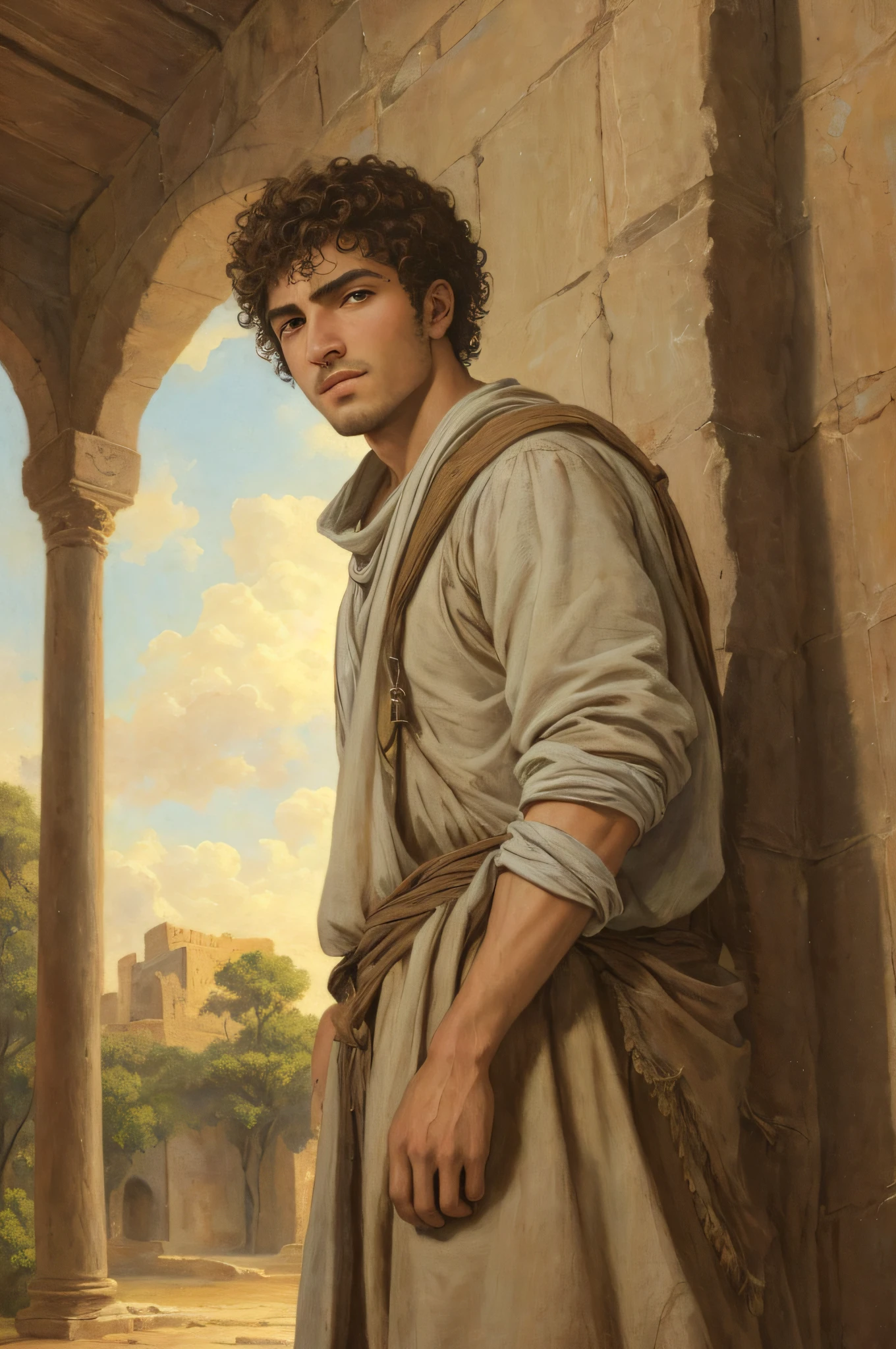 closeup of 1 man, young, of Moroccan descent, wise trapped in a dungeon, handsome face, dressed in a tunic, beautiful sky, (oil painting), classical art: 0.4, detailed, intricate, (fantasy art), muted color: 0.25, best quality, good anatomy, good composition, good proportions, good design, dynamic pose, good pose, realistic sky, realistic backgrounds, (cinematic), (highest quality, awarded, masterpiece:1.3), (art by Arthur Rackham:0.5), (((natural colors))), (photorealistic:1.4), ((empty-handed, holding nothing)),