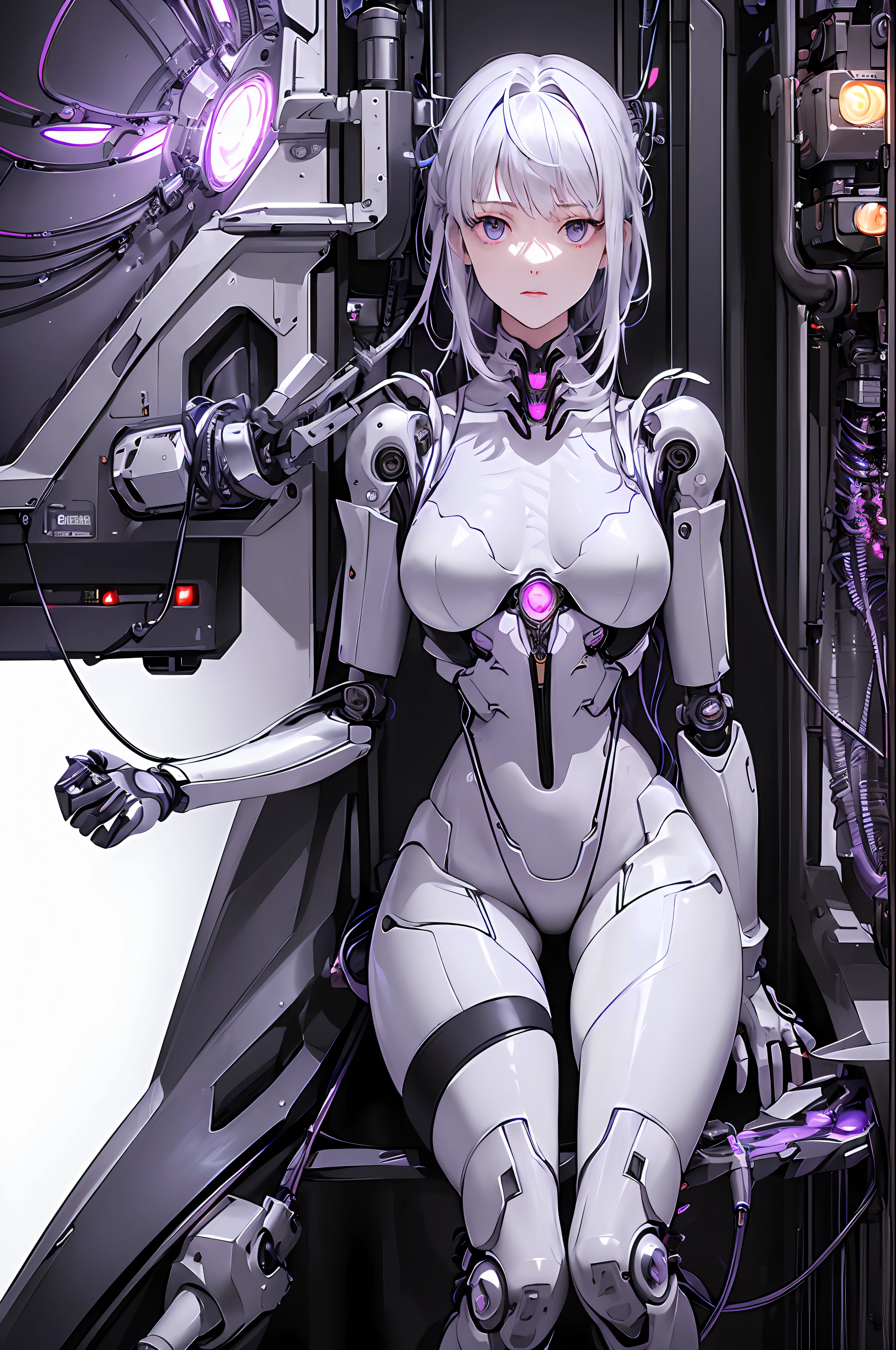 (((Masterpiece)))), (((highest quality)))), ((Ultra Definition)), (Very Detailed Photoreality), (((Very Delicate and Beautiful)), (Delicate and Pretty Face), Cinematic Light, (((1 Machine Girl)), Solo, Full Body, Big, Cleavage Is Visible Skin, White Hair, Purple Eyes, Luminous Eyes, (Mechanical Joint: 1.4), (Mechanical limbs)), (Blood vessels connected to tubes), (( Mechanical vertebrae attached to the back)), ((Cervical vertebrae of the machine) attached to the neck)), (((sitting)), expressionless, (wires and cables attached to the head and body: 1.5), (character focus), small LED lamps on the body, Evangelion, SF, gunmetallic body, detailed neon