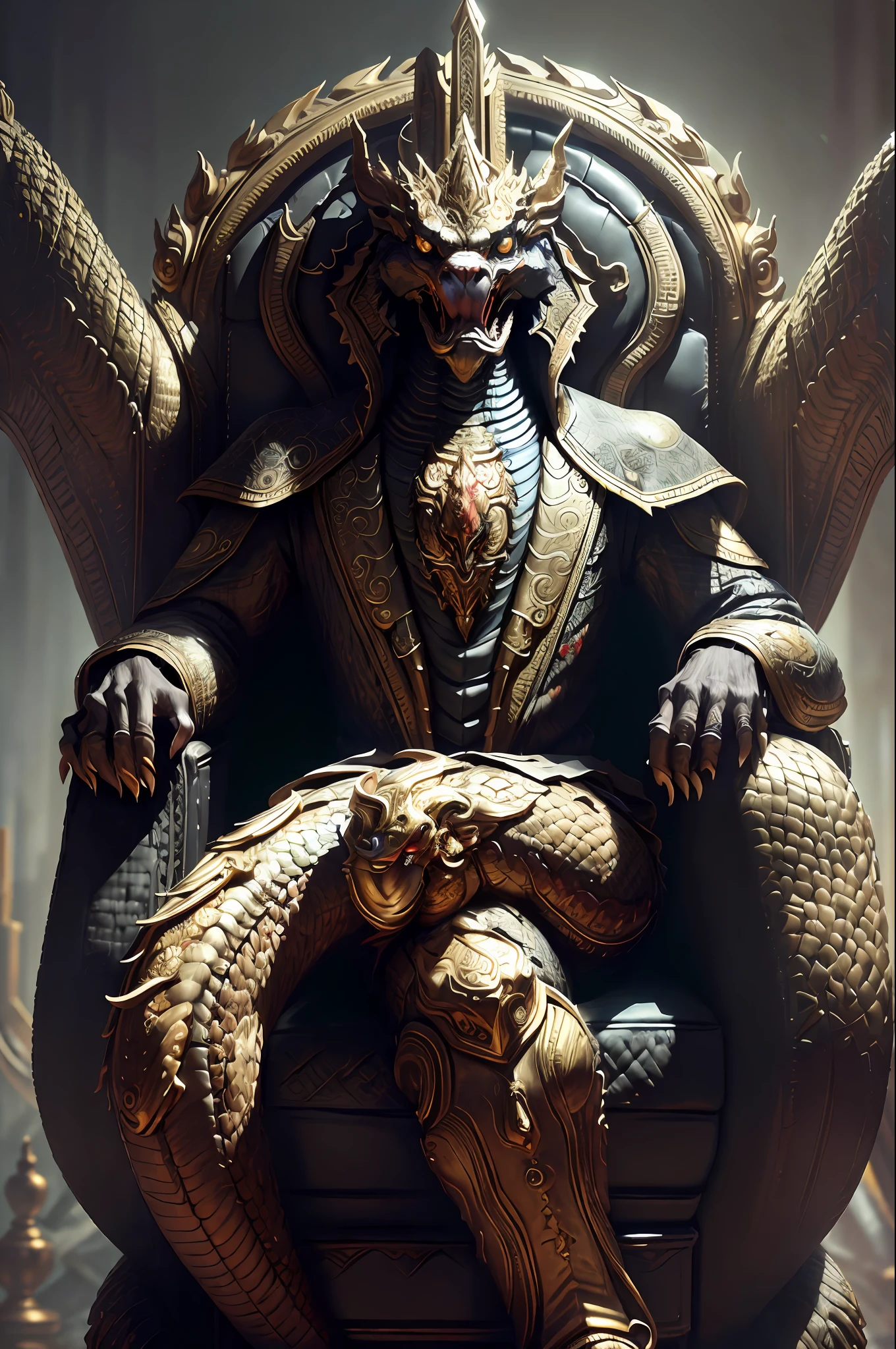 ((raw photo)), ((masterpiece)), NagaSerpentGod anthropomorphic humanoid wearing a coat, long sleeves, gold patch, intricate detail, futobot, intricate Greebles pieces, dramatic lighting, rim lighting, sitting on a throne