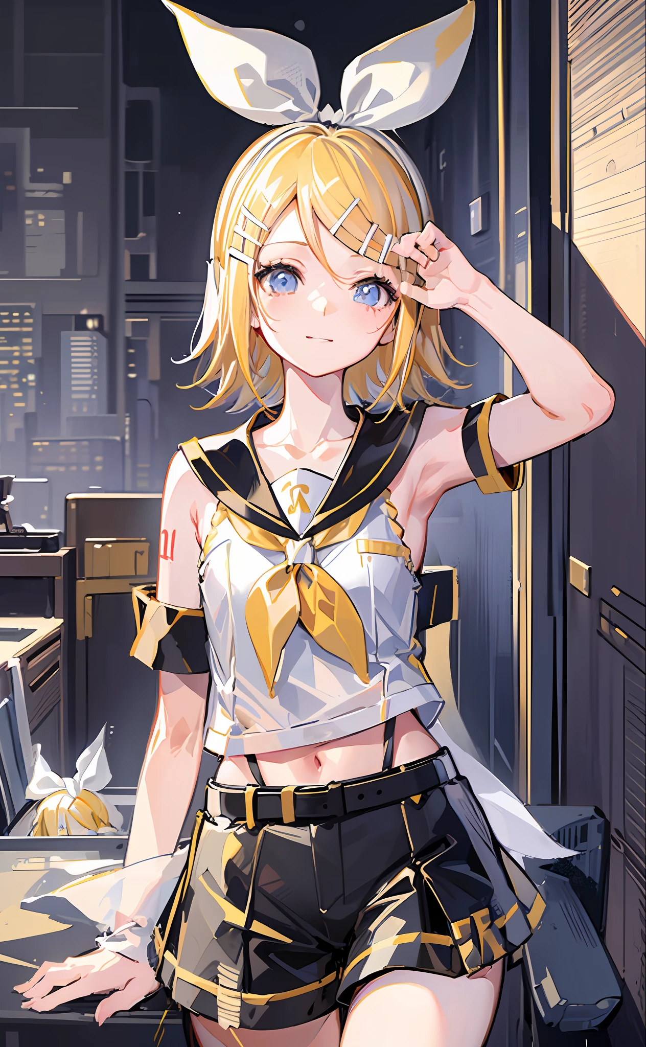 Masterpiece, Top Quality, Illustration, Ultra Detail, High Resolution, Absurdity, One Girl, (Kagamine_Rin:1.5), Vocaloid, Very Cute, (Blonde), Short Hair, (Beautiful Blue Eyes), Lively Eyes, (Bright Eyes), Beautiful Girl, Smiling, [Sailor Suit in White Tone], (Black Shorts: 1.5), Belt, Shoulders Cut, Yellow Neckerchief[White Hair Ribbon], [White Hair Clip], [Headphones], Viewers Love, (Heart in the Background), Light, Delicate Hands, Innocence, Innocence, (Young: 1.2), Little Girl, Girlfriend, Bedroom, Night, Delicate Eyes, Bare Legs, Blue Archive Style, Beautiful Girl Anime Style