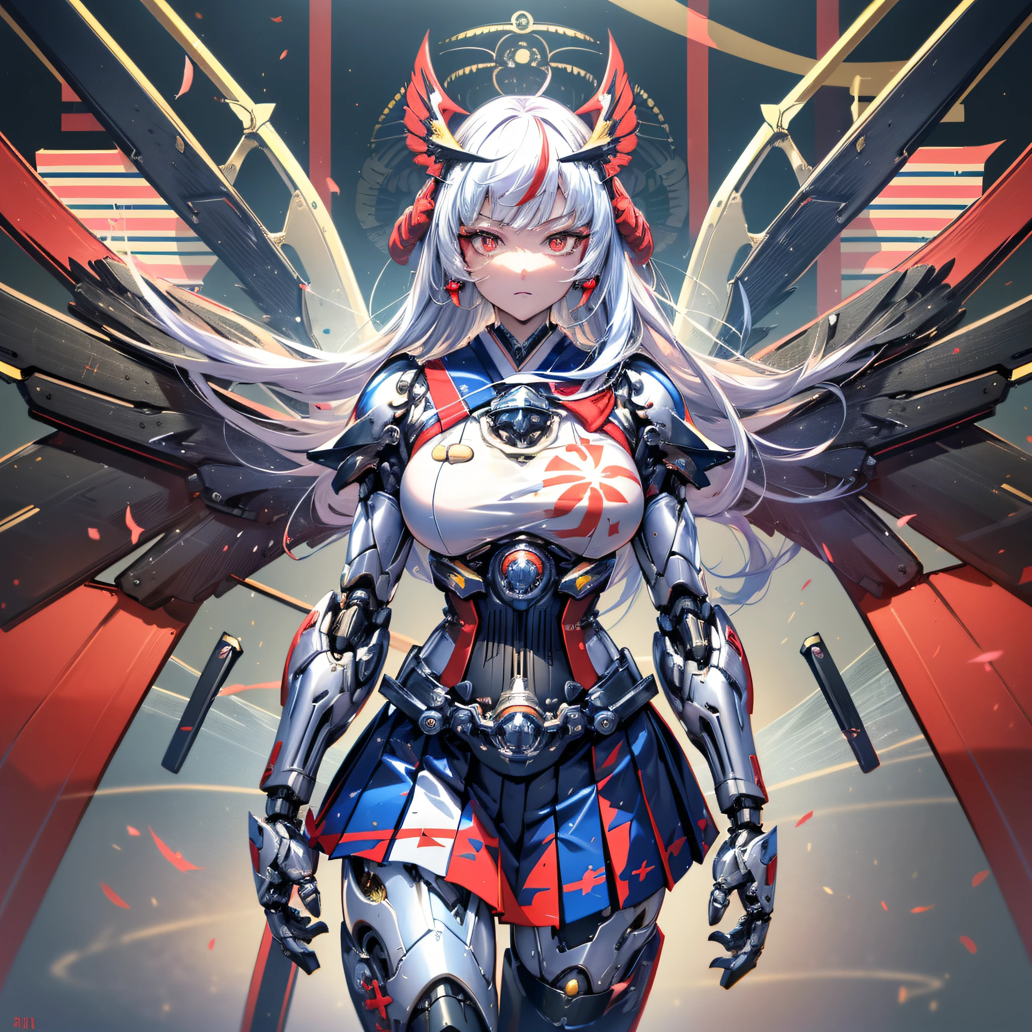 masterpiece, best quality, ultra-detailed, very detailed illustrations, extremely detailed, intricate details, highres, super complex details, extremely detailed 8k cg wallpaper, cowboy shot, caustics, reflection, ray tracing, demontheme, nebula, dark aura, cyber effect, (1girl, solo, alone:1.5), mecha musume, mechanical parts, robot joints, single mechanical arm, headgear, (upper sailor uniform:1.4), mecha corset, (pleats skirt:1.3), lower body armor, (mechanical large wings with Japanese flag pattern:1.5), white long hair, hair between eyes, multicolored hair, colored inner hair, red eyes, glowing eye, eye trail, expressionless, random action, ancient japanese architecture, (smokey sky, explosive flame)