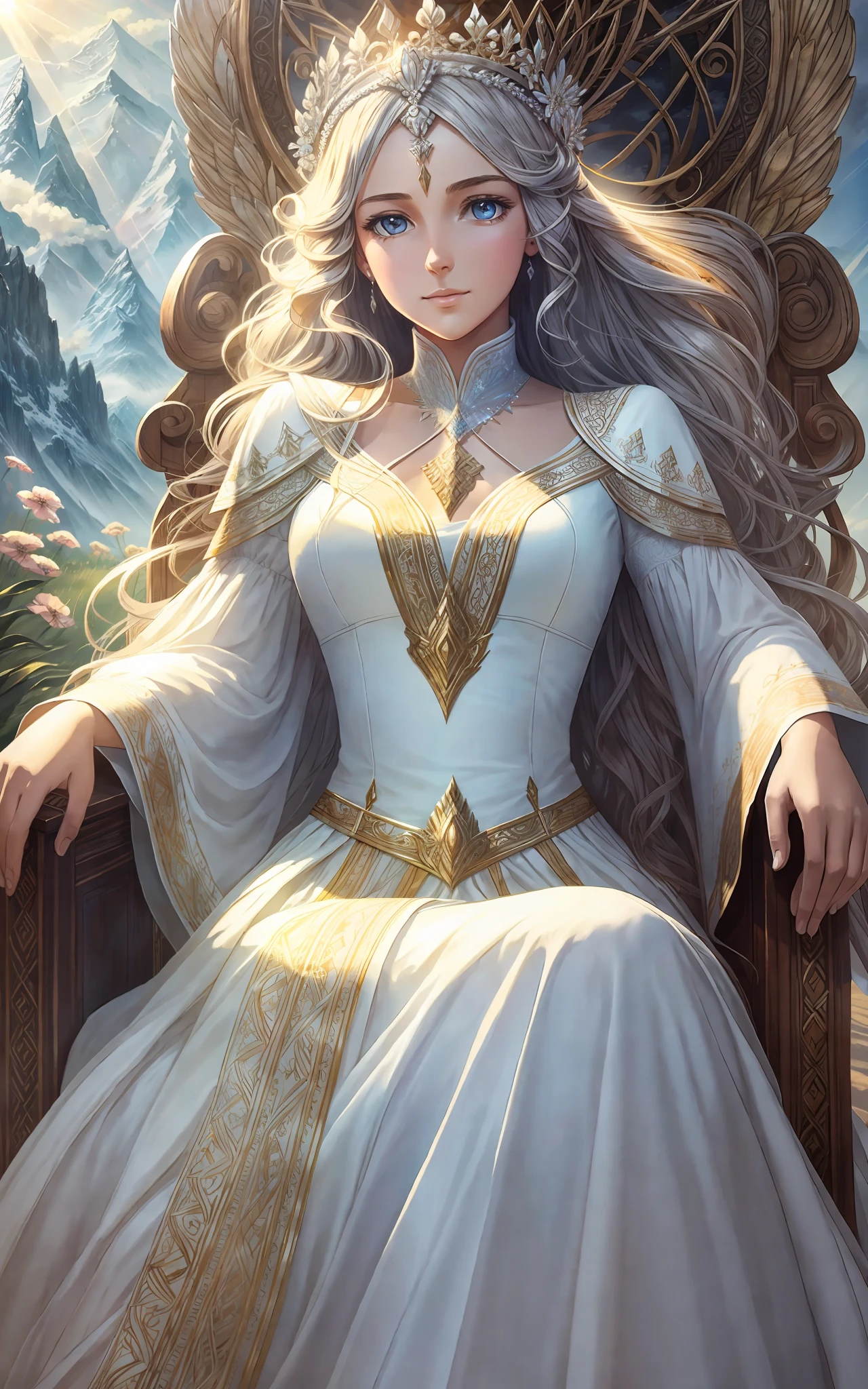 award winning 64k concept art of (1girl:1.2) in white majestic dress sitting on the throne in the mountains, epic, god rays, centered, (masterpiece:1.2), (best quality:1.2), Amazing, highly detailed, beautiful, finely detailed, warm soft color grading, Depth of field, extremely detailed 8k, fine art, stunning, iridescent, shiny, (light reflections:1.2), (crisp:1.5), curls, wind, vibrant, sunlit, (edge detection:1.2)