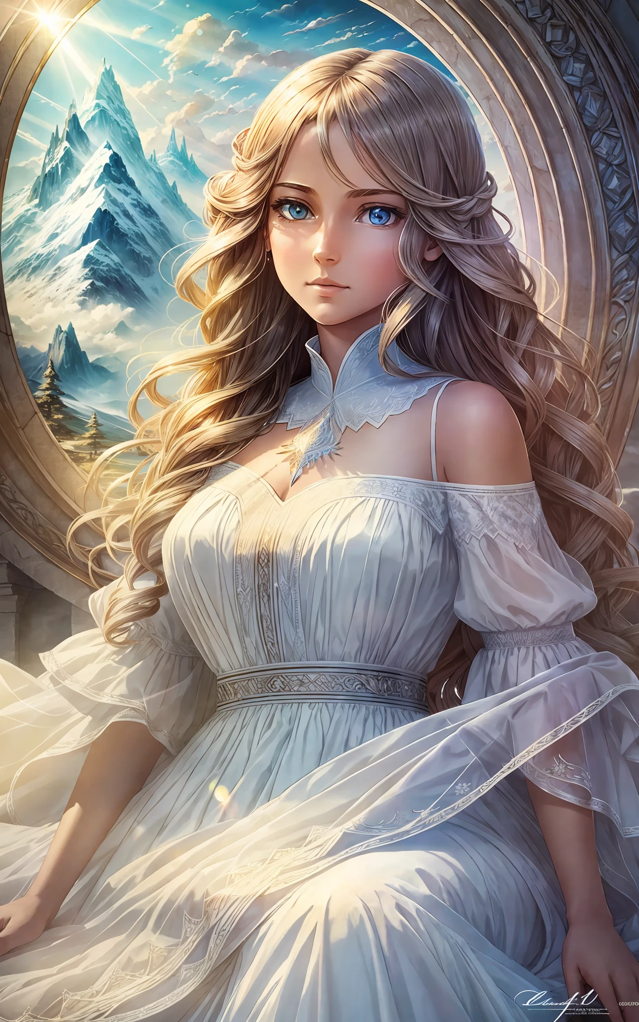 award winning 64k concept art of (1girl:1.2) in white majestic dress sitting on the throne in the mountains, epic, god rays, centered, (masterpiece:1.2), (best quality:1.2), Amazing, highly detailed, beautiful, finely detailed, warm soft color grading, Depth of field, extremely detailed 8k, fine art, stunning, iridescent, shiny, (light reflections:1.2), (crisp:1.5), curls, wind, vibrant, sunlit, (edge detection:1.2)