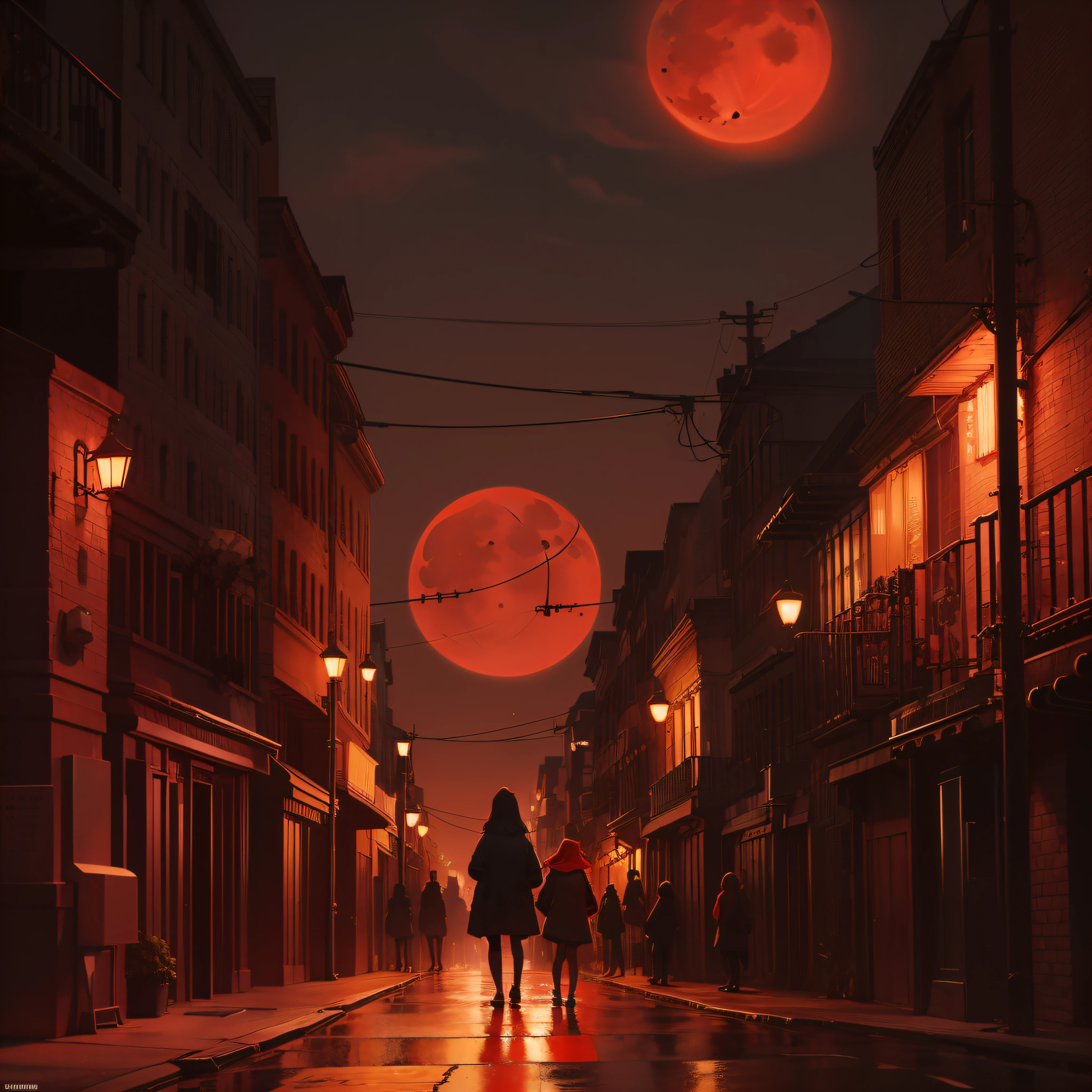((A red moon in the sky: 1.2), (Scary city: 1.1)), dark and hazy scenes, orange street lamps casting ambiguous halos, rainy days, terrible behemoths, hideous faces