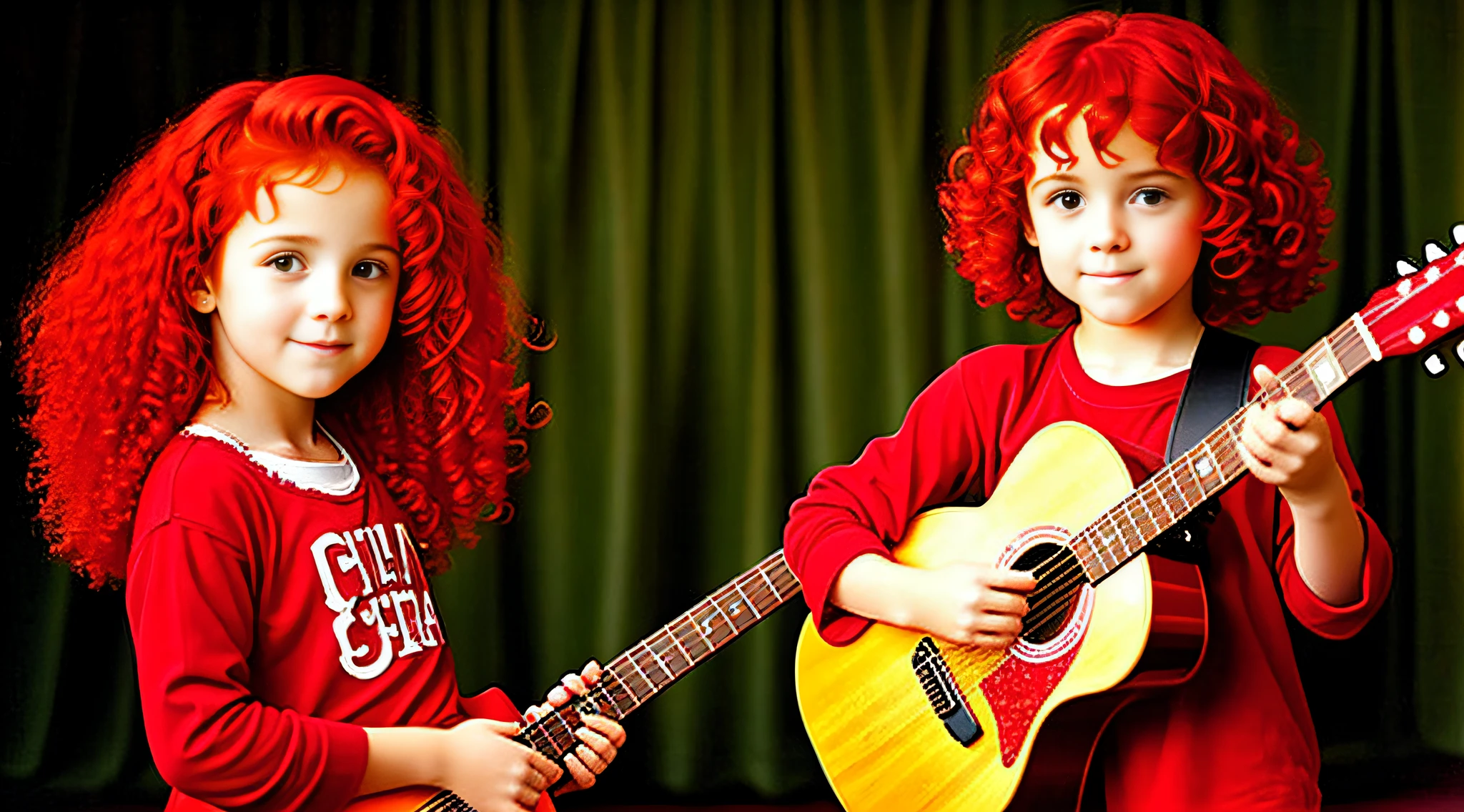 CHILD girl with red hair holding a guitar and a red cup, elegant, taken in early 2020, profile picture, profile picture, with curly red hair.