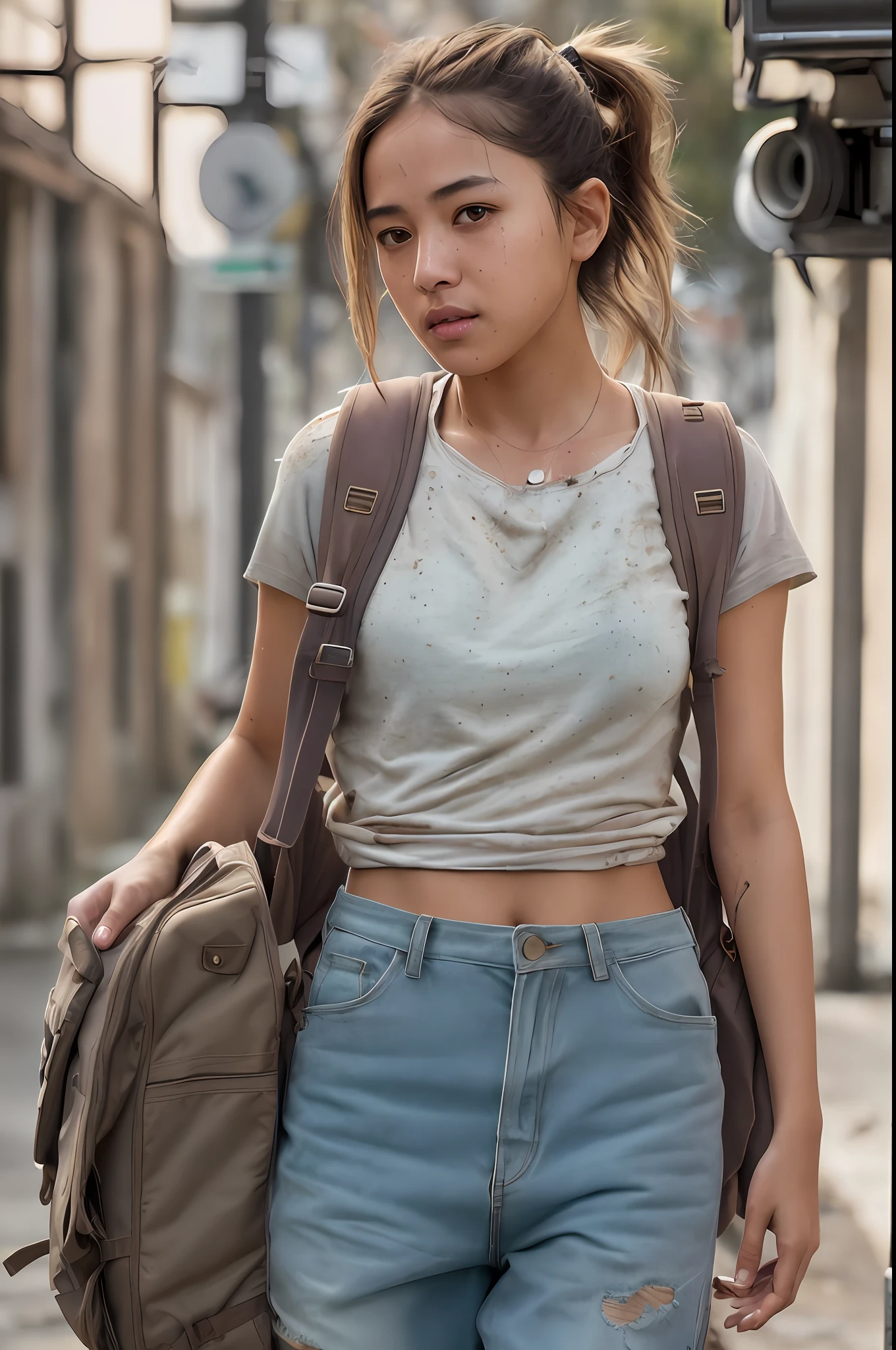 bare face,((Dirty face)),numb expression,neutral colors, ((((hdr)))), ((((muted colors)))), 1girl,a young woman, street smiling, backpack, stains, tattered clothes,ponytails, epic realistic, photo, faded, complex stuff around, intricate background, soaking wet, intricate scene, artstation, intricate details, vignette sharp focus, documentary film footage, high resolution photography, supple skin pores, real person, detailed skin texture, cinematic movie image, upper body shot, detailed skin, 20 megapixel, detailed face skin, movie grain, portrait, epic (photo, studio lighting, hard light, sony a7, 50 mm, matte skin, pores, colors, hyperdetailed, hyperrealistic)